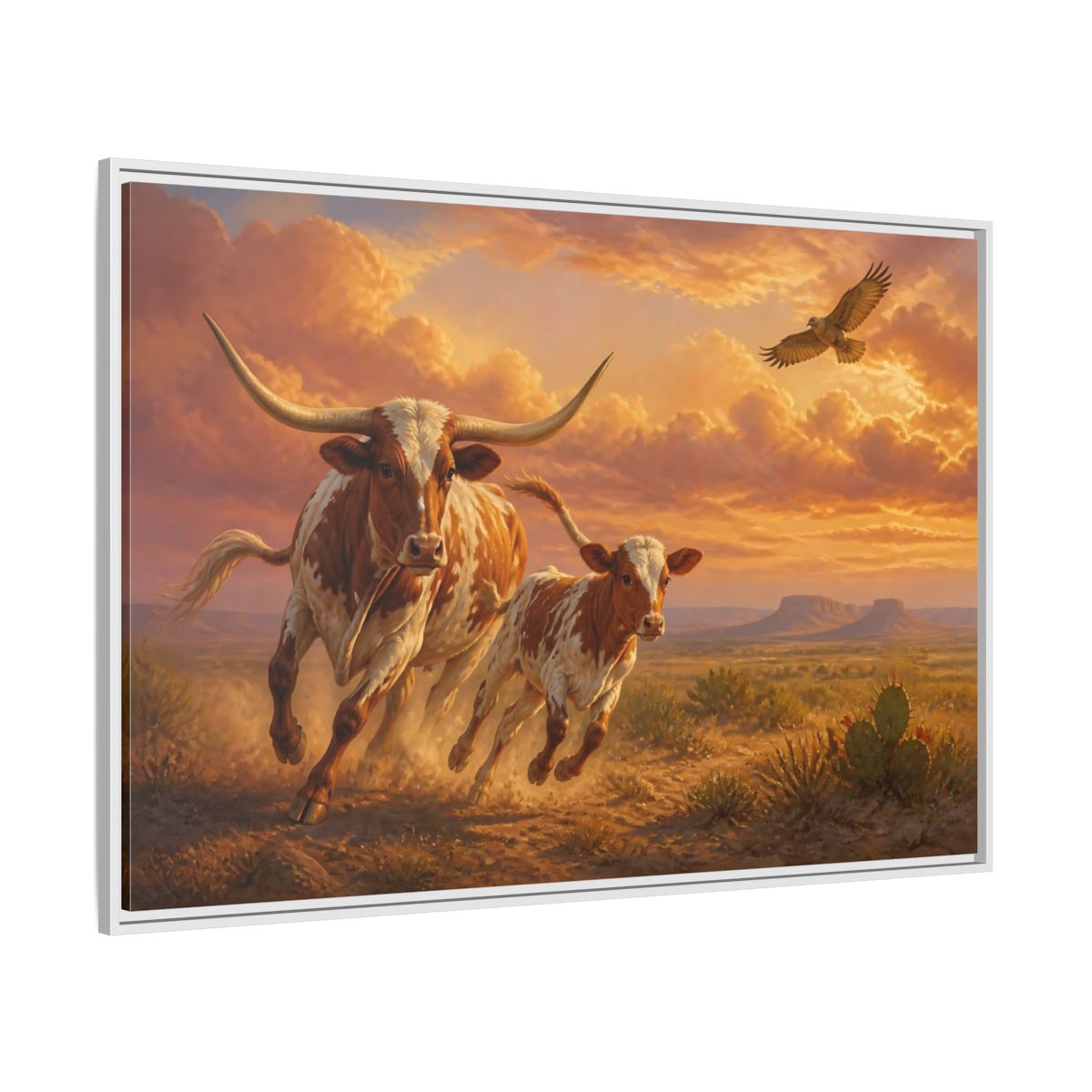 Side Mockup 7. Animals Longhorn Cattle Brown And Orange Landscape shown as stretched canvas wall art