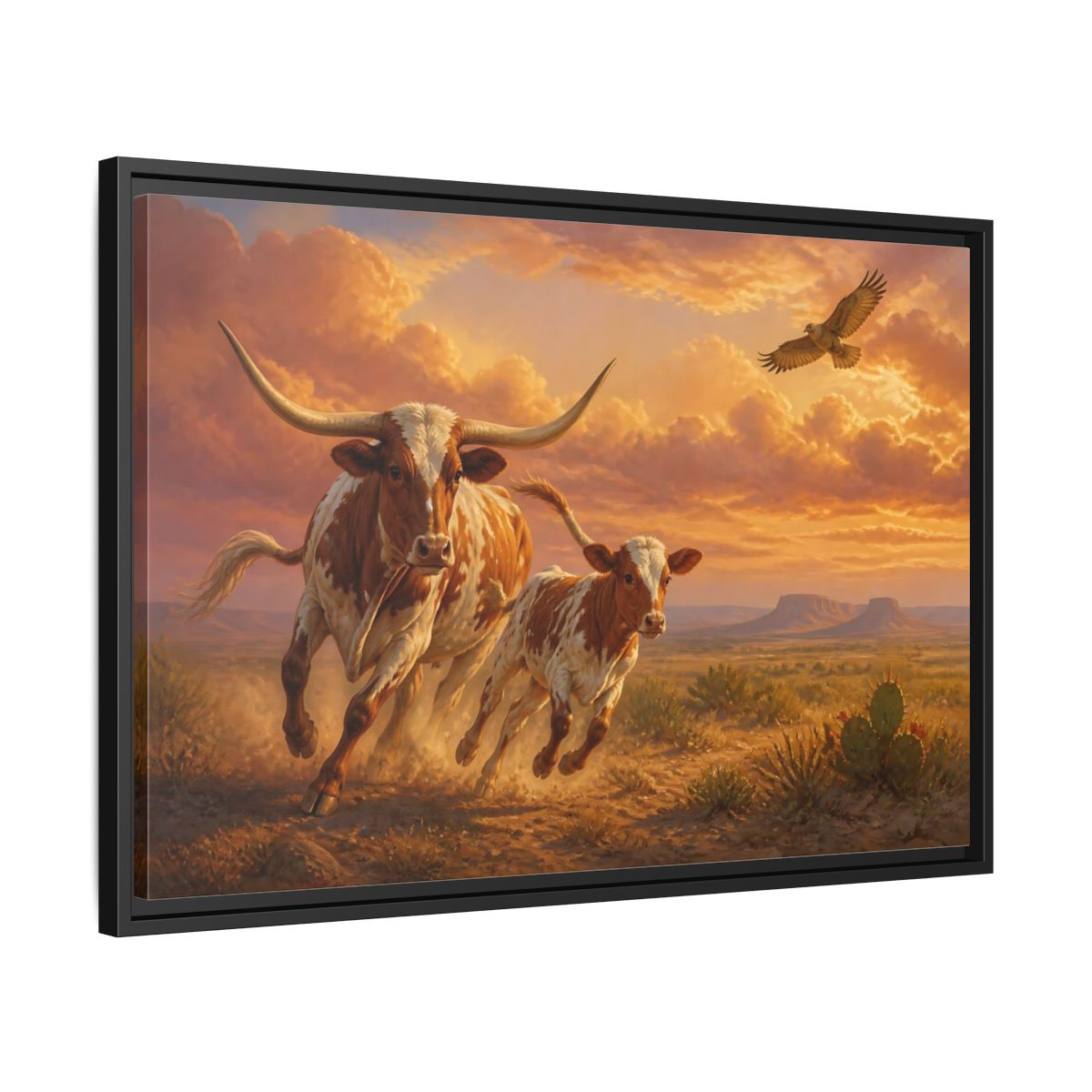 Side Mockup 14. Animals Longhorn Cattle Brown And Orange Landscape shown as stretched canvas wall art