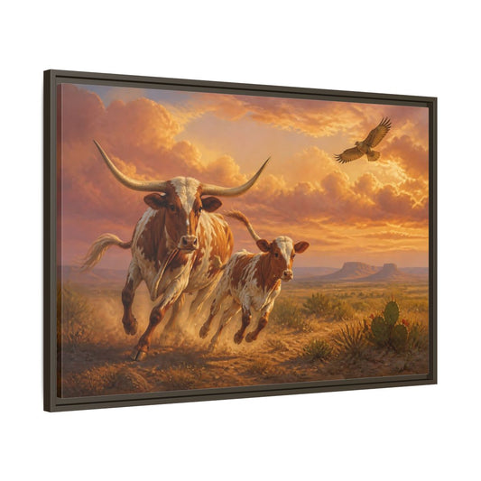 Main Mockup. Animals Longhorn Cattle Brown And Orange Landscape shown as stretched canvas wall art