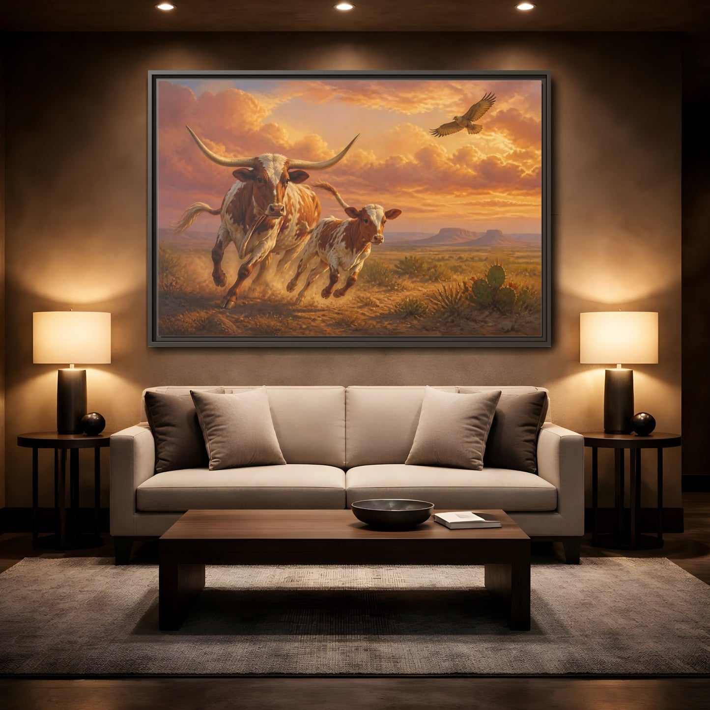 Mockup 2. Animals Longhorn Cattle Brown And Orange Landscape shown as stretched canvas wall art
