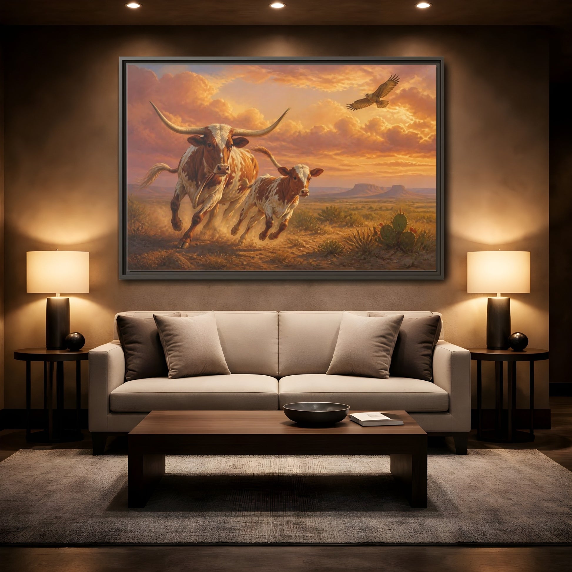 Mockup 2. Animals Longhorn Cattle Brown And Orange Landscape shown as stretched canvas wall art