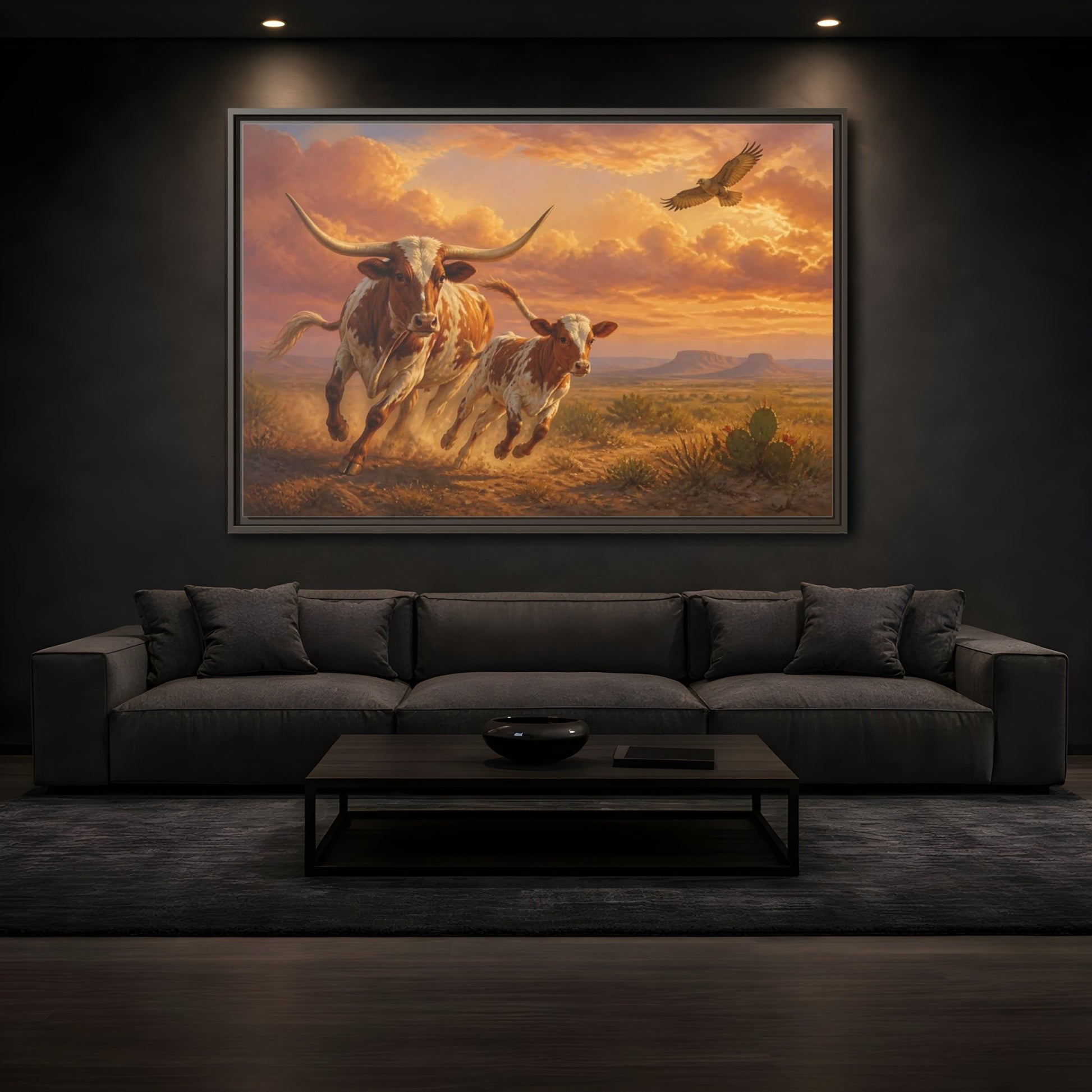 Mockup 3. Animals Longhorn Cattle Brown And Orange Landscape shown as stretched canvas wall art