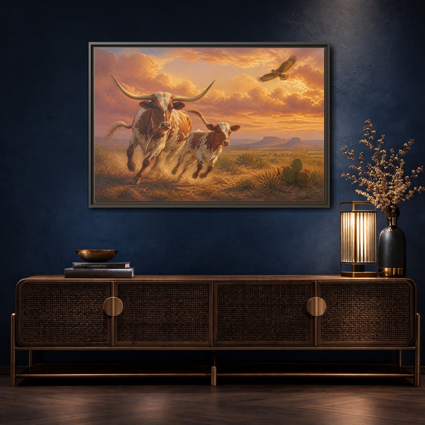 Mockup 4. Animals Longhorn Cattle Brown And Orange Landscape shown as stretched canvas wall art