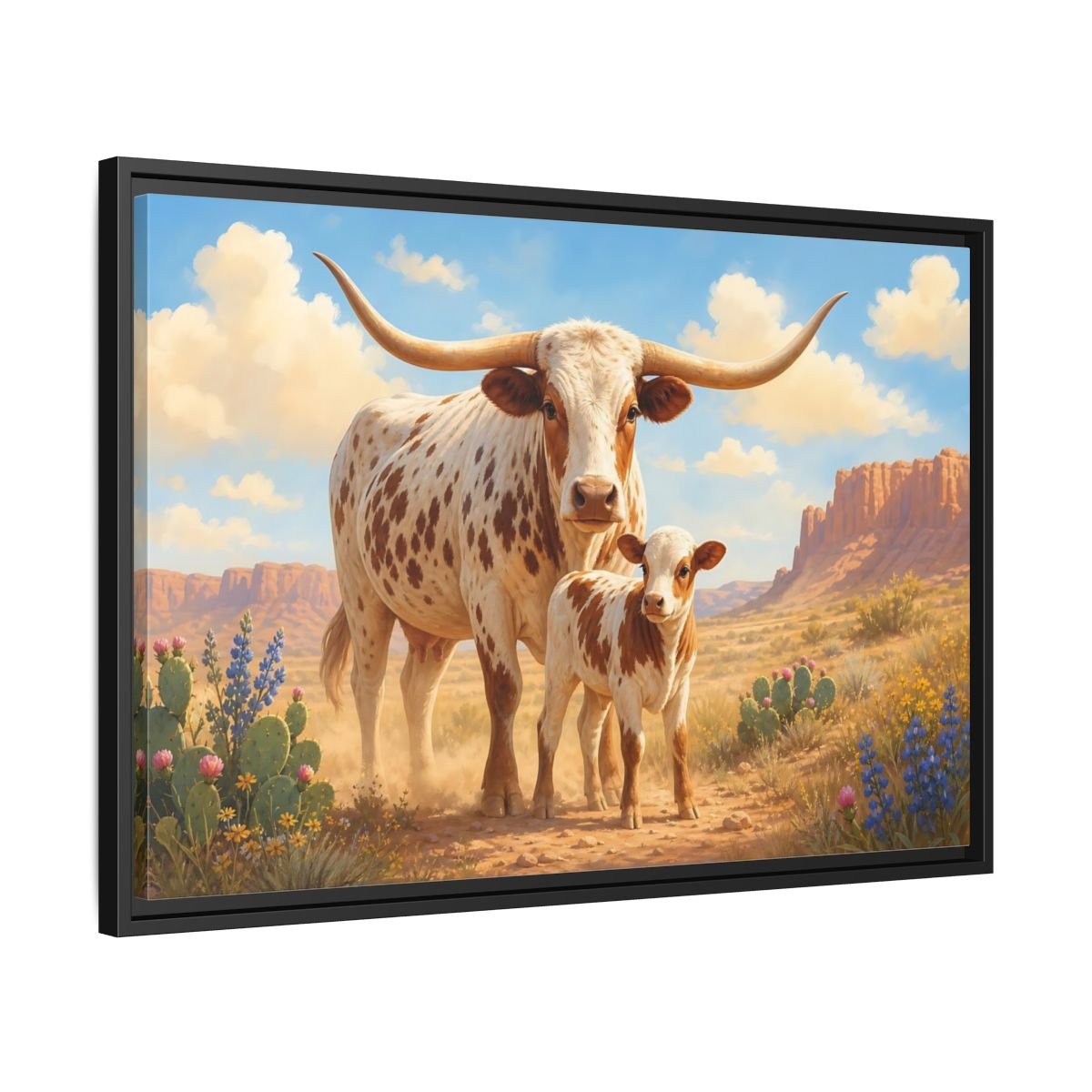 Animals Longhorn Cattle Brown And White Framed Canvas Print – Realistic Living Room, Above Console Table - YesArtYes