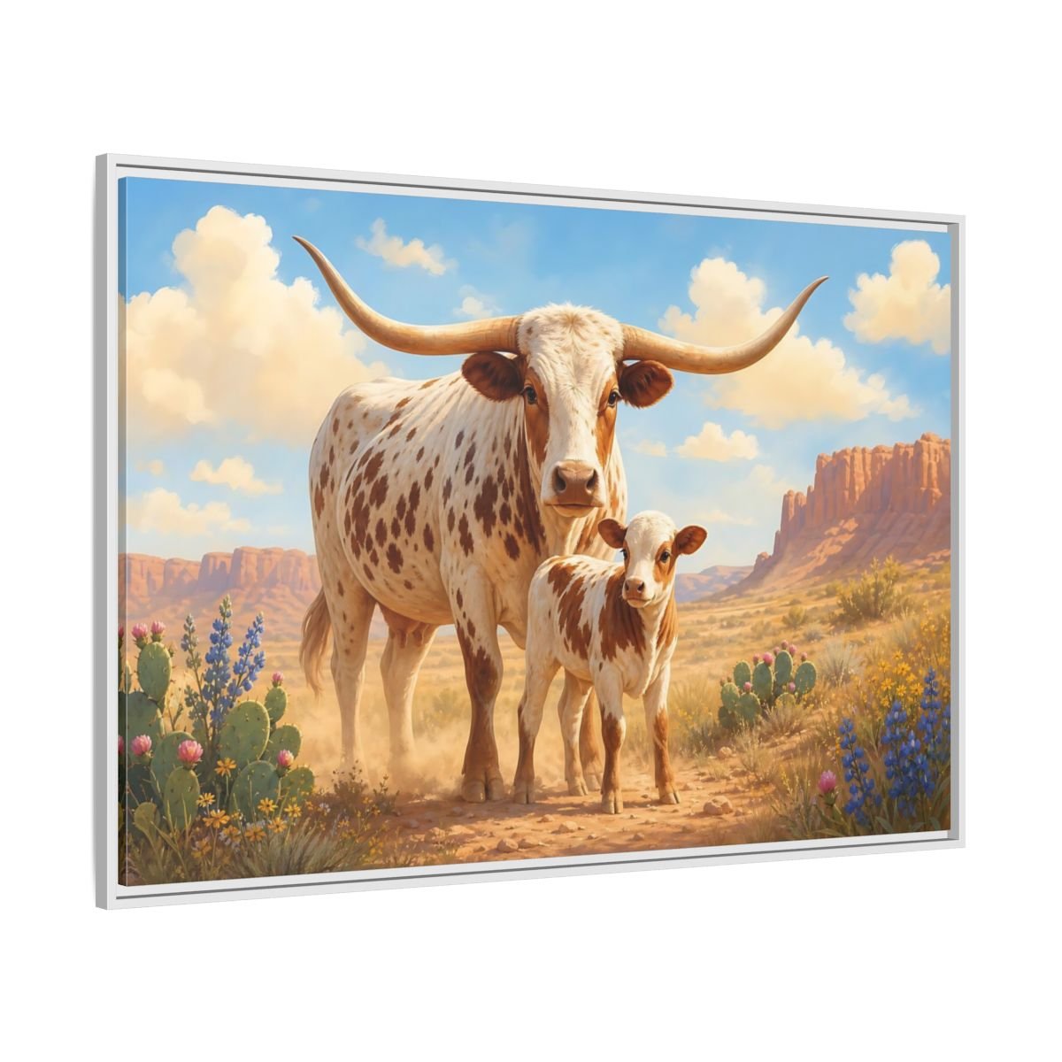 Animals Longhorn Cattle Brown And White Framed Canvas Print – Realistic Living Room, Above Console Table - YesArtYes