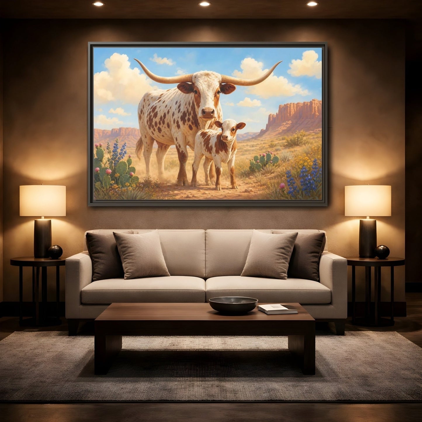 Animals Longhorn Cattle Brown And White Framed Canvas Print – Realistic Living Room, Above Console Table - YesArtYes