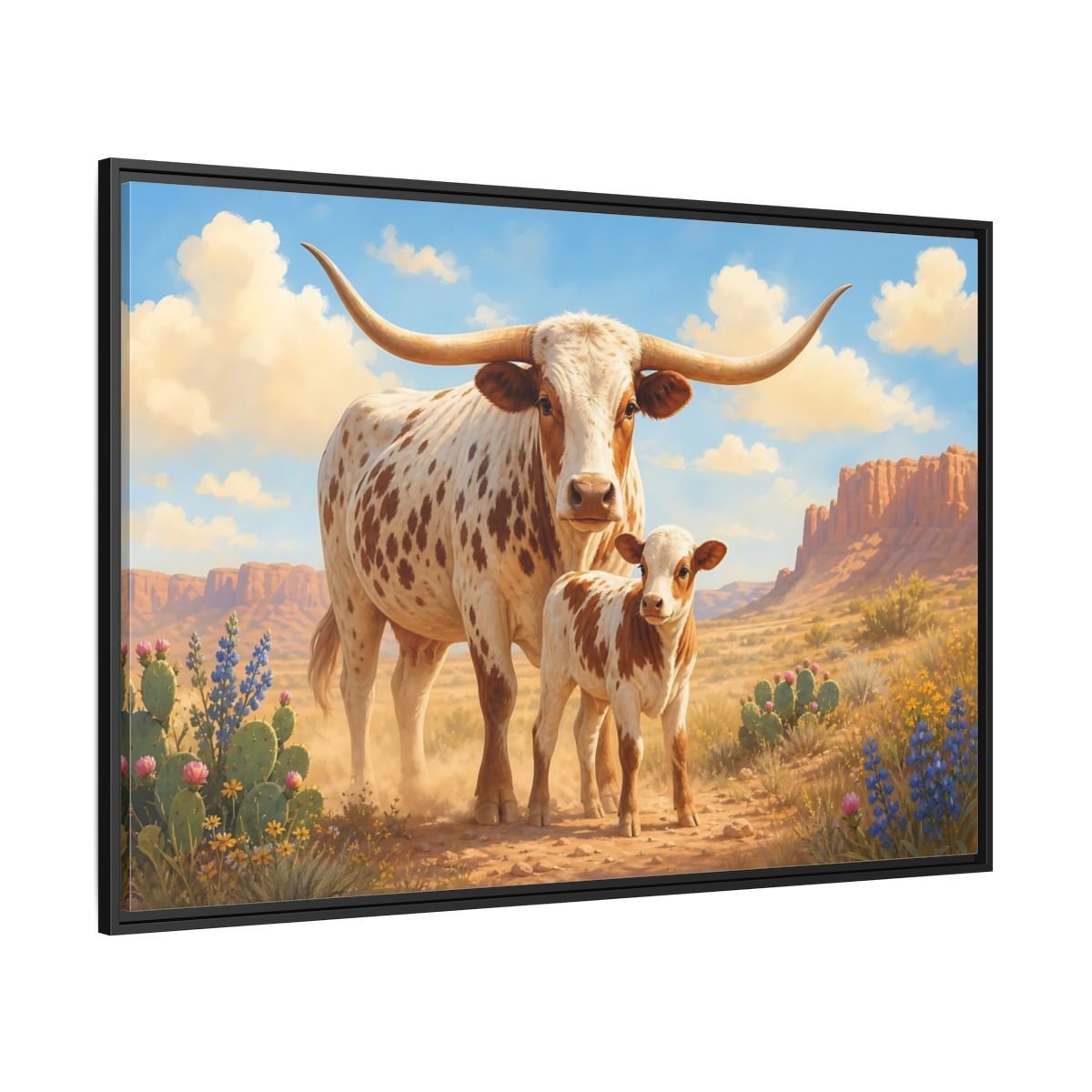 Animals Longhorn Cattle Brown And White Framed Canvas Print – Realistic Living Room, Above Console Table - YesArtYes