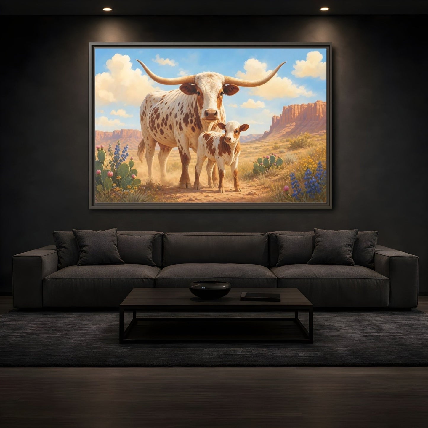 Animals Longhorn Cattle Brown And White Framed Canvas Print – Realistic Living Room, Above Console Table - YesArtYes
