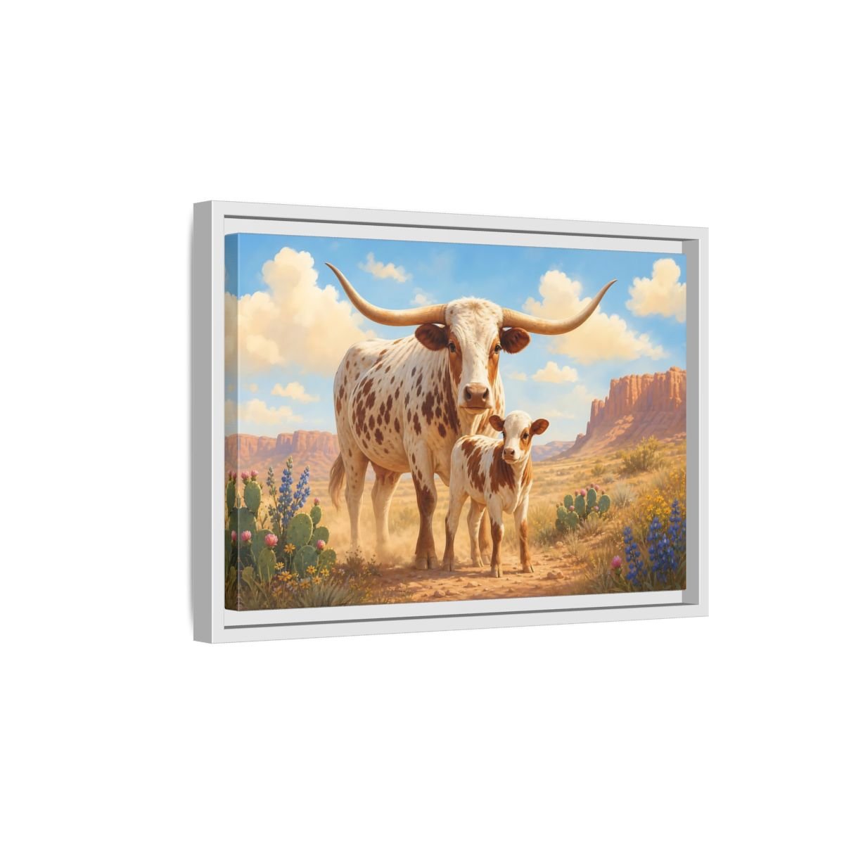 Animals Longhorn Cattle Brown And White Framed Canvas Print – Realistic Living Room, Above Console Table - YesArtYes