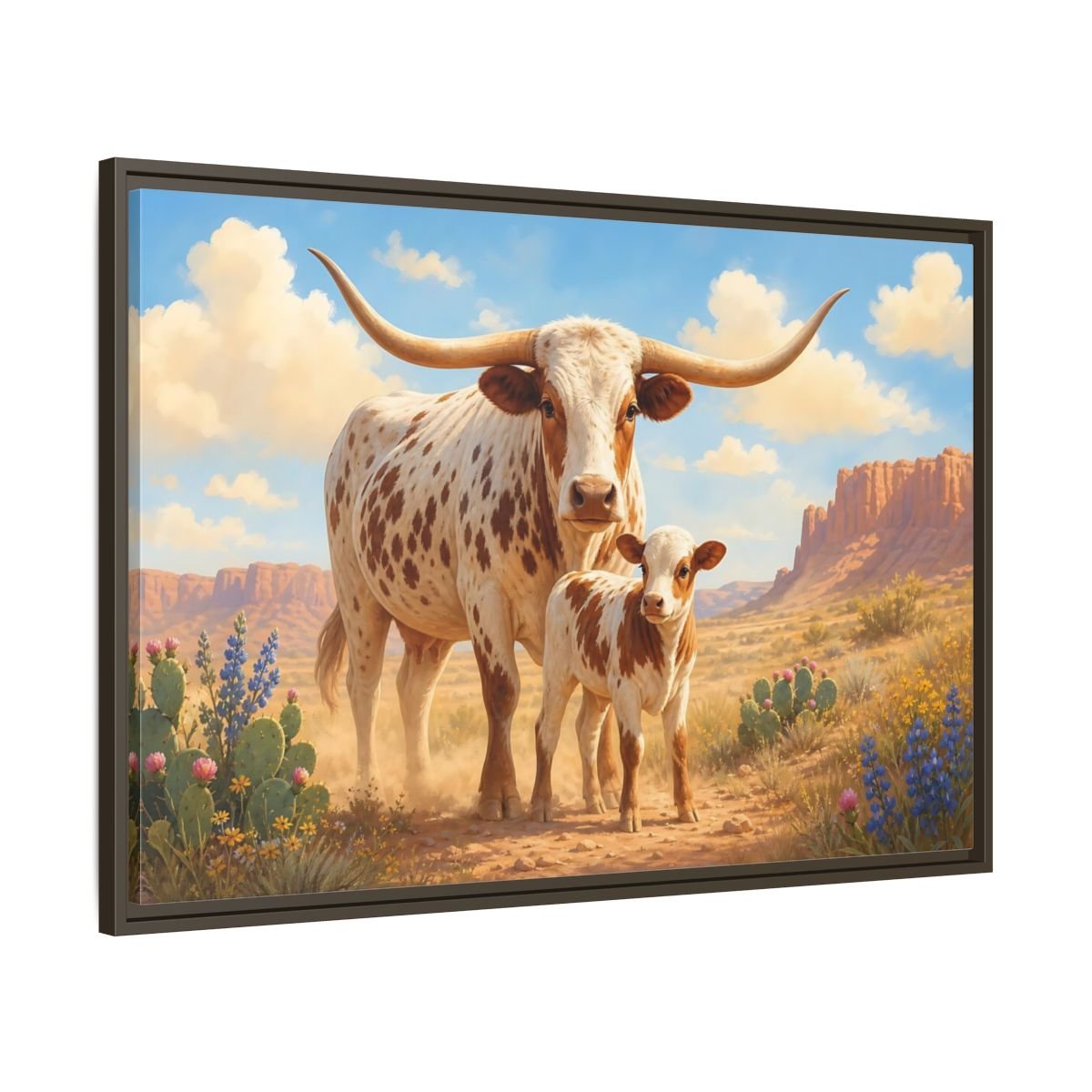 Animals Longhorn Cattle Brown And White Framed Canvas Print – Realistic Living Room, Above Console Table - YesArtYes