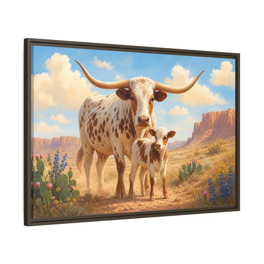 Animals Longhorn Cattle Brown And White Framed Canvas Print – Realistic Living Room, Above Console Table - YesArtYes