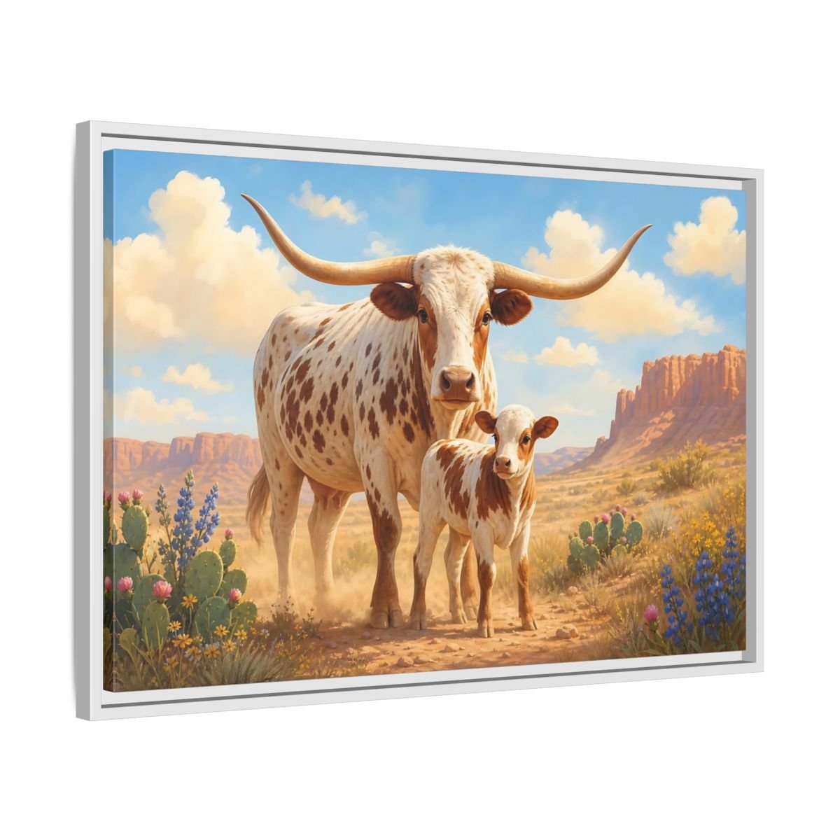 Animals Longhorn Cattle Brown And White Framed Canvas Print – Realistic Living Room, Above Console Table - YesArtYes