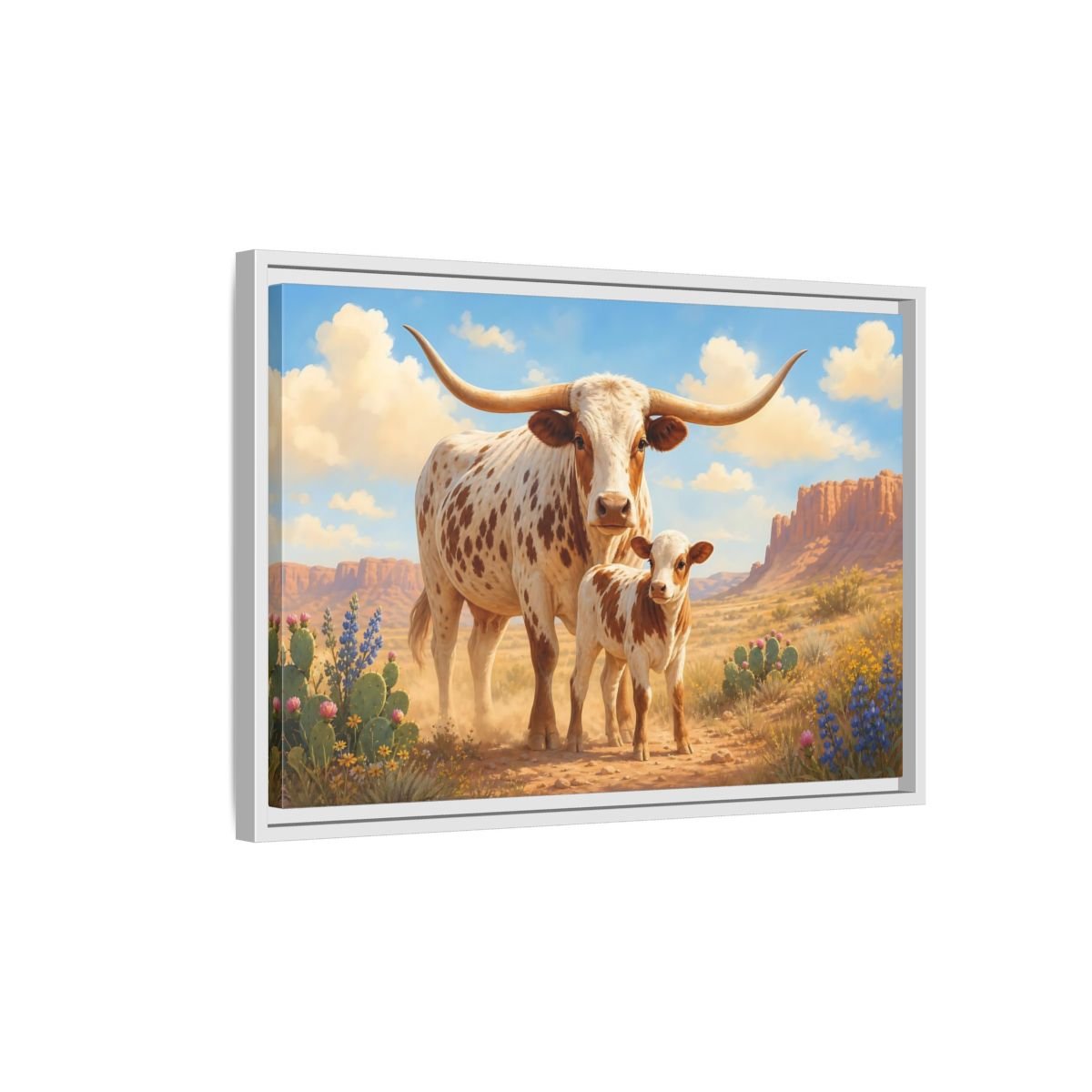 Animals Longhorn Cattle Brown And White Framed Canvas Print – Realistic Living Room, Above Console Table - YesArtYes