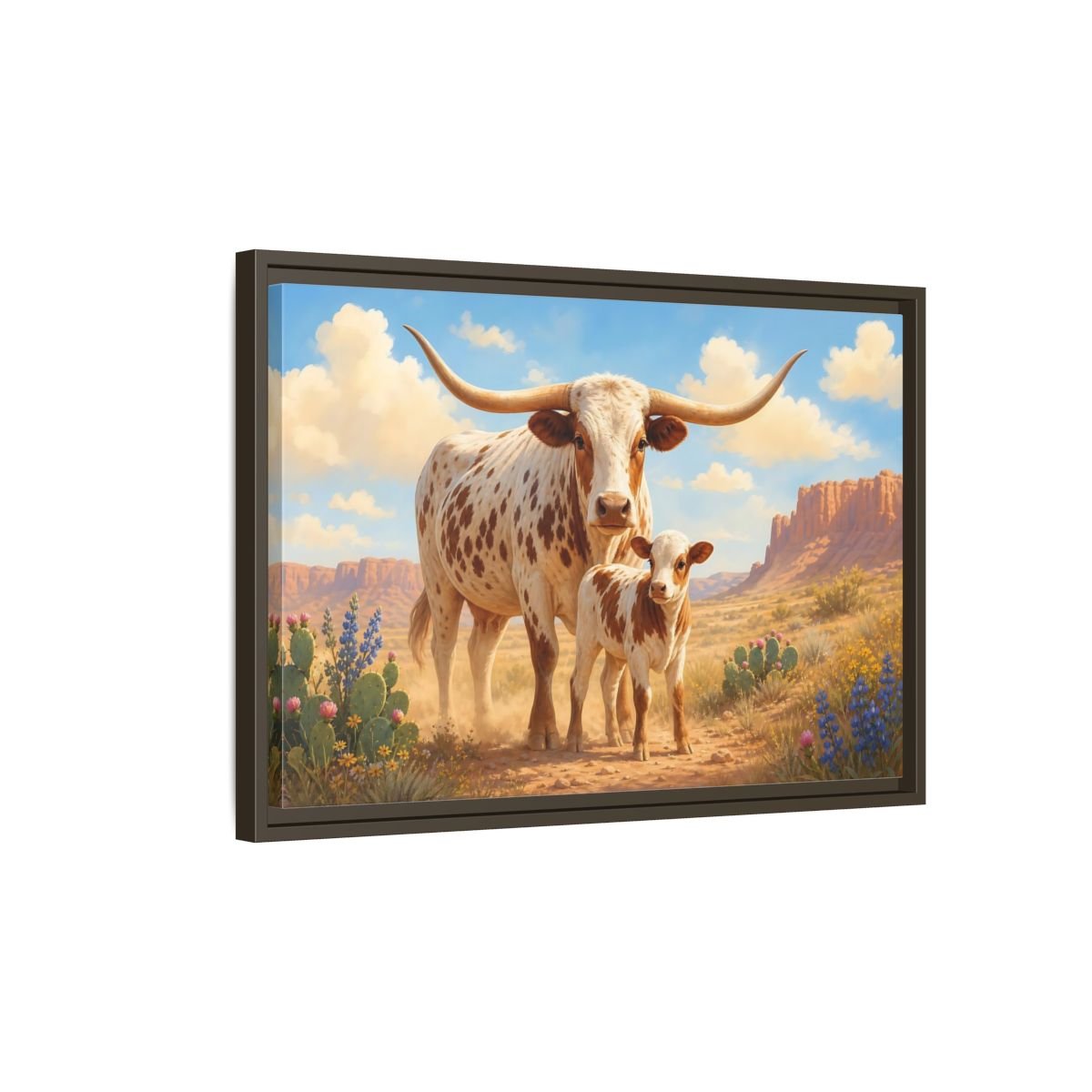 Animals Longhorn Cattle Brown And White Framed Canvas Print – Realistic Living Room, Above Console Table - YesArtYes