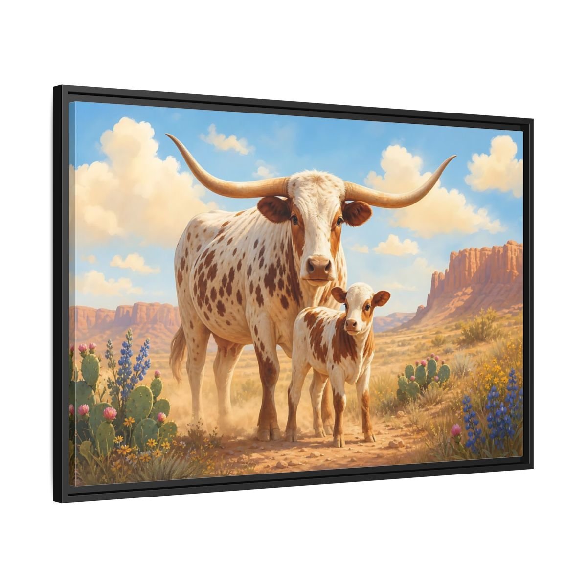 Animals Longhorn Cattle Brown And White Framed Canvas Print – Realistic Living Room, Above Console Table - YesArtYes