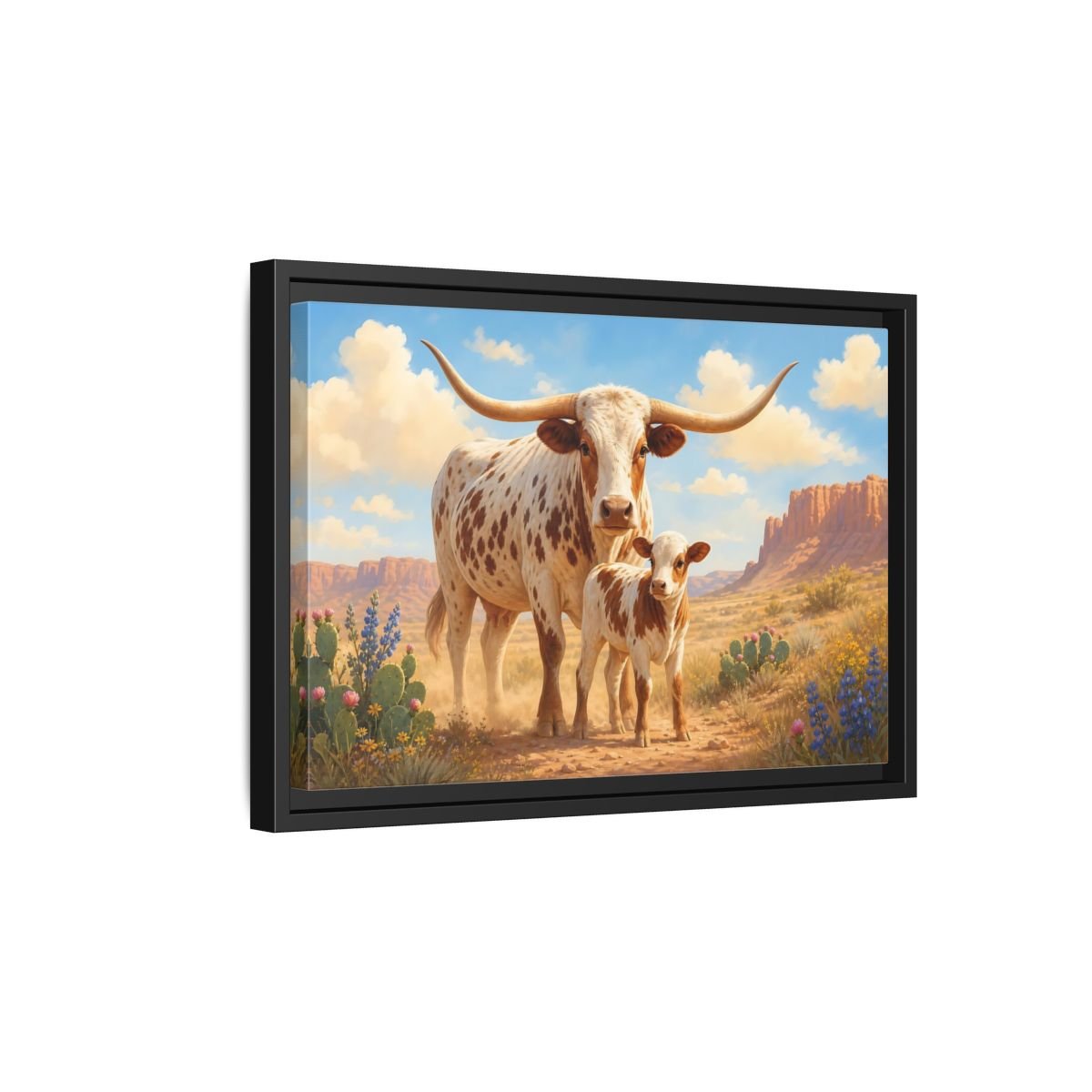 Animals Longhorn Cattle Brown And White Framed Canvas Print – Realistic Living Room, Above Console Table - YesArtYes