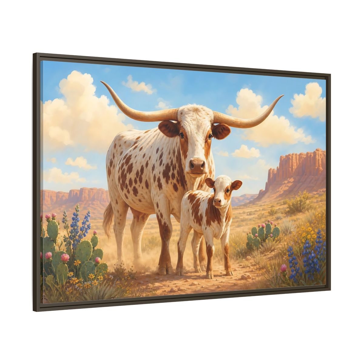 Animals Longhorn Cattle Brown And White Framed Canvas Print – Realistic Living Room, Above Console Table - YesArtYes