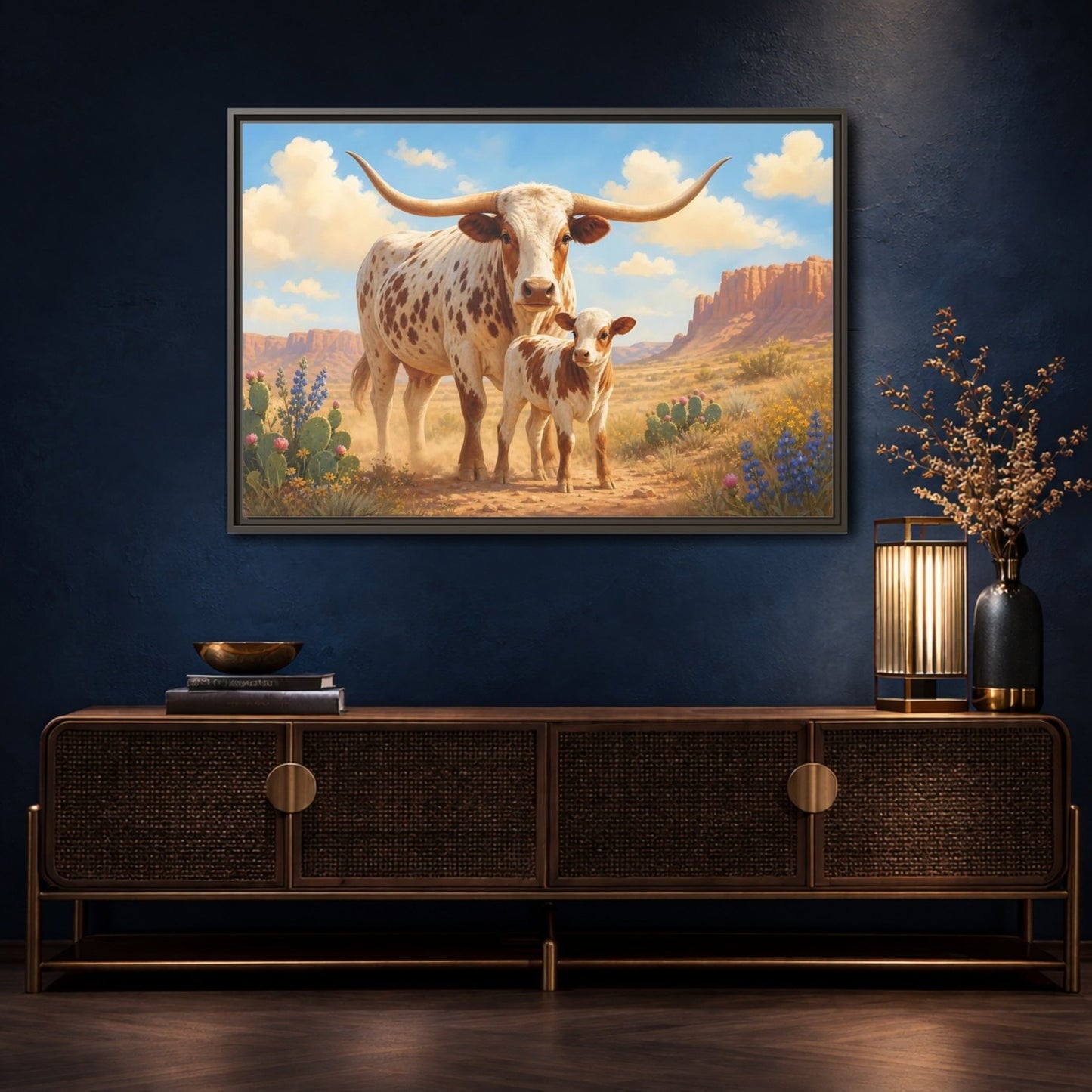 Animals Longhorn Cattle Brown And White Framed Canvas Print – Realistic Living Room, Above Console Table - YesArtYes