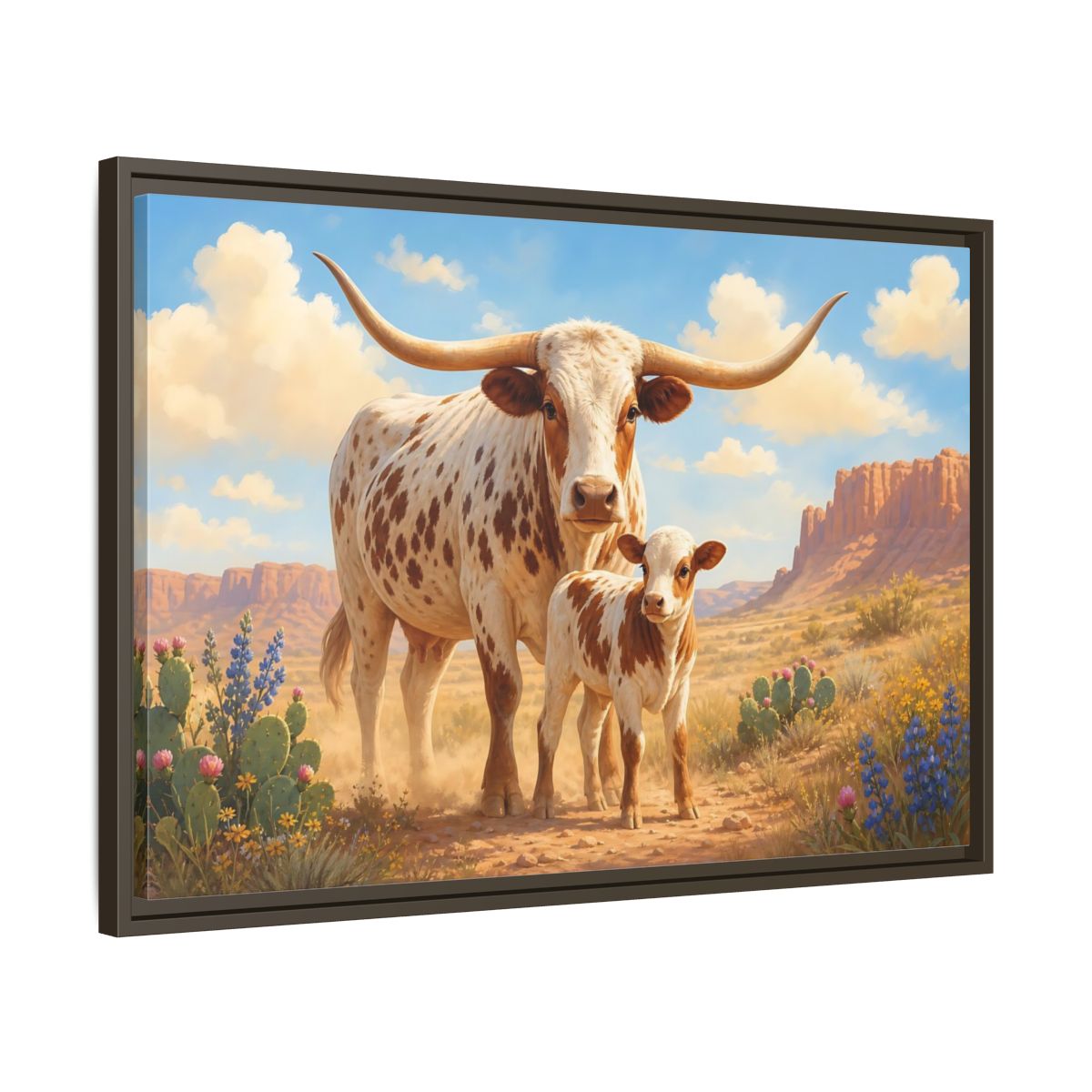 Side Mockup 11. Animals Longhorn Cattle Brown And White Longhorn shown as stretched canvas wall art