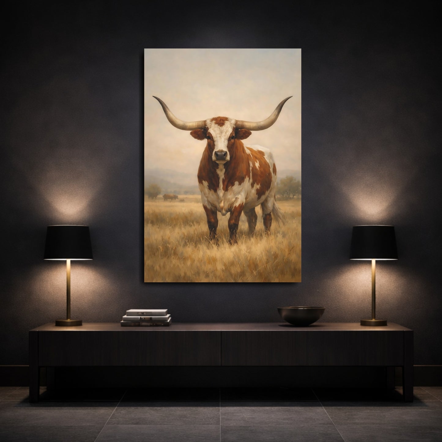 Mockup 2. Animals Longhorn Cattle Brown And White Longhorn shown as stretched canvas wall art