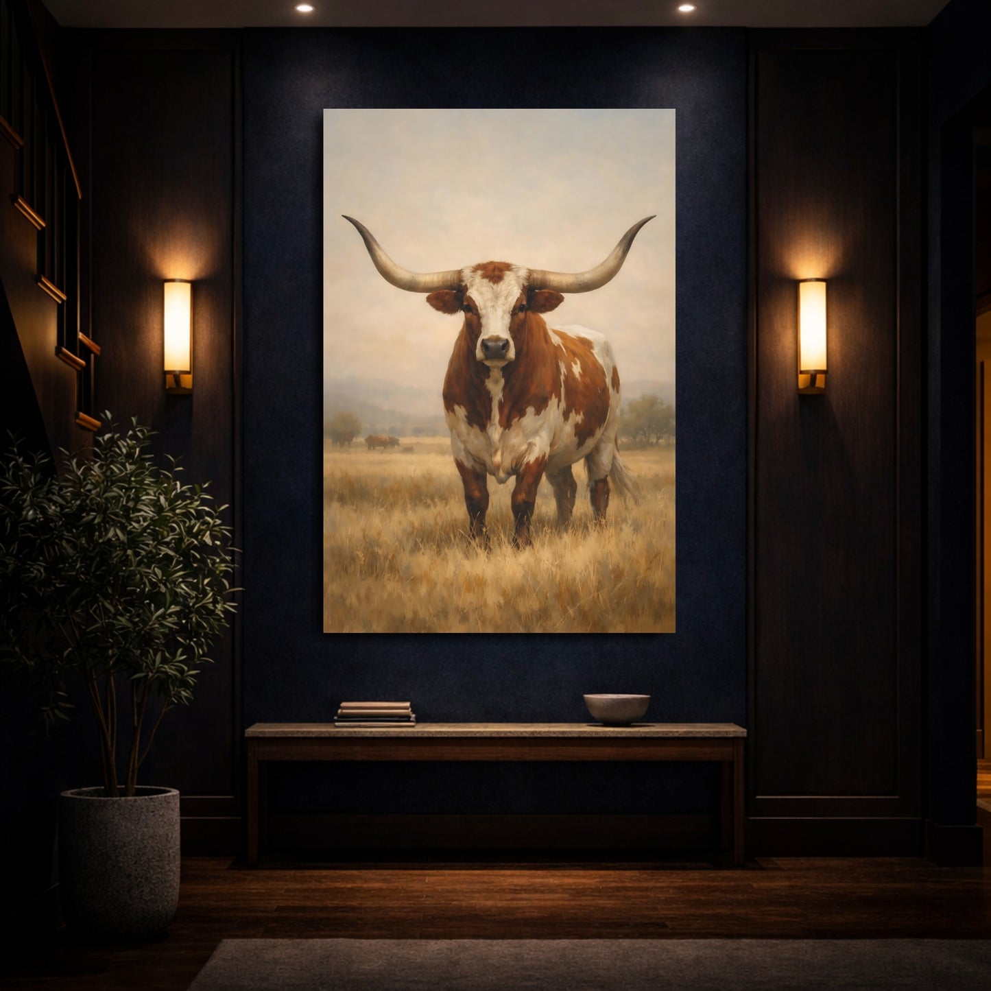 Mockup 3. Animals Longhorn Cattle Brown And White Longhorn shown as stretched canvas wall art