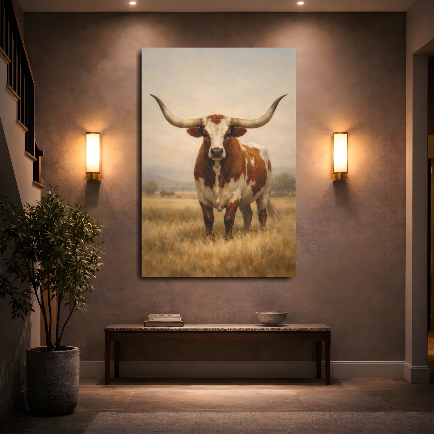 Mockup 4. Animals Longhorn Cattle Brown And White Longhorn shown as stretched canvas wall art