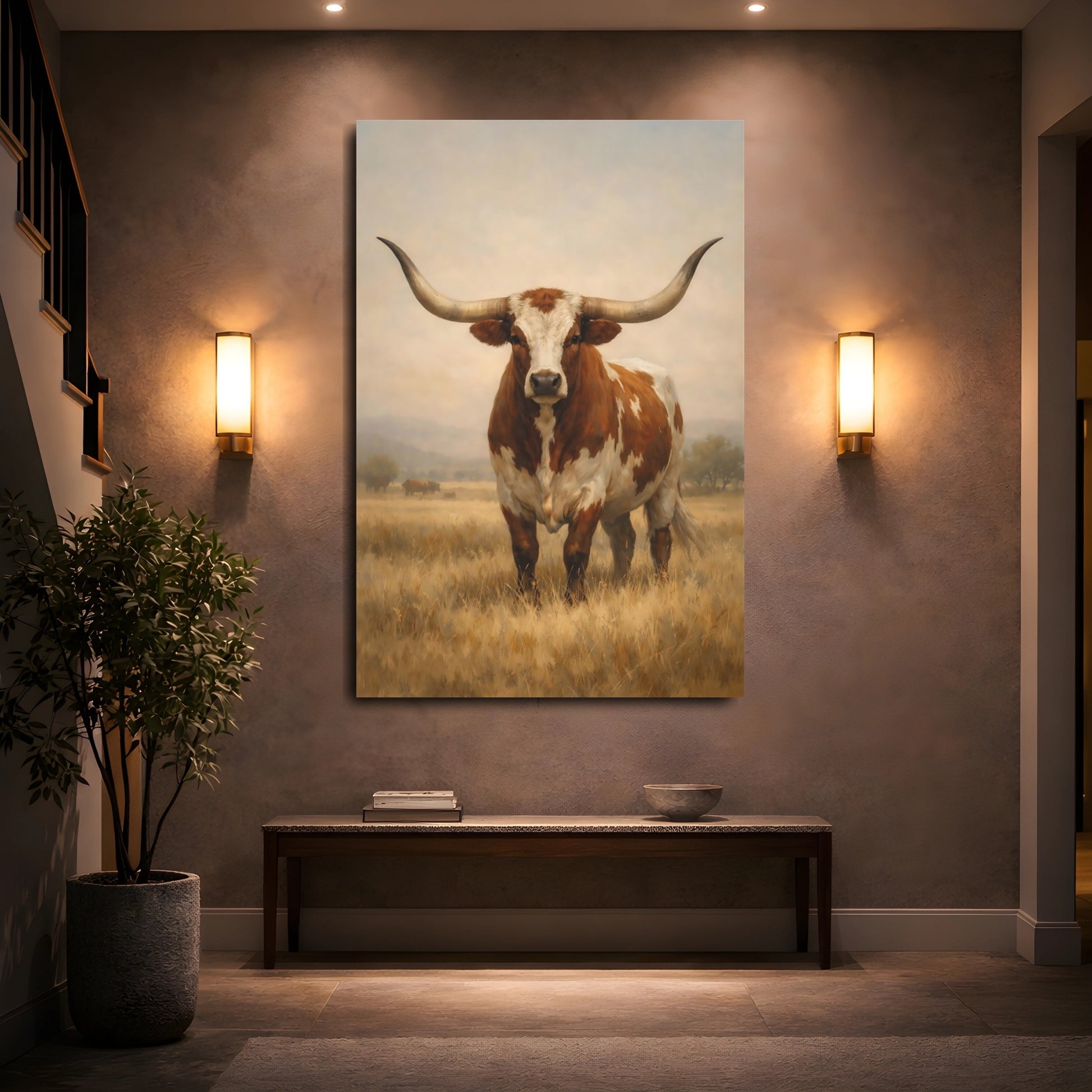 Mockup 4. Animals Longhorn Cattle Brown And White Longhorn shown as stretched canvas wall art