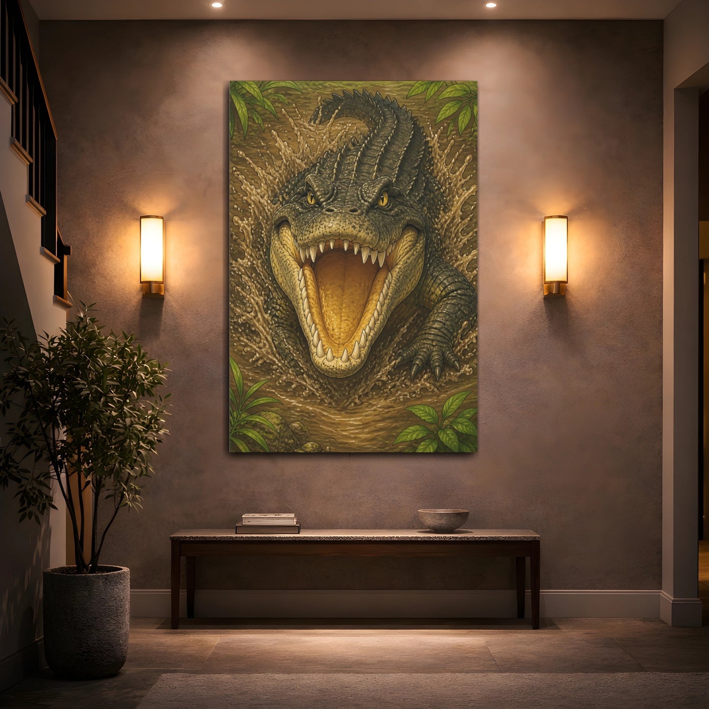 Mockup 2. Animals Lunging Crocodile Illustration shown as canvas print