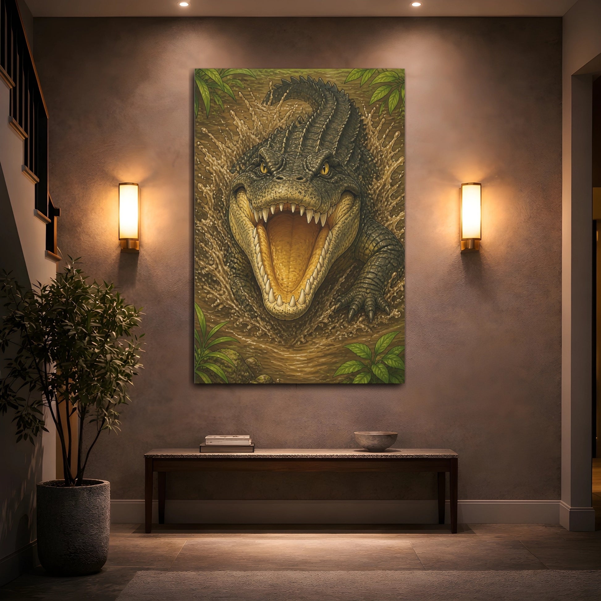 Mockup 2. Animals Lunging Crocodile Illustration shown as canvas print