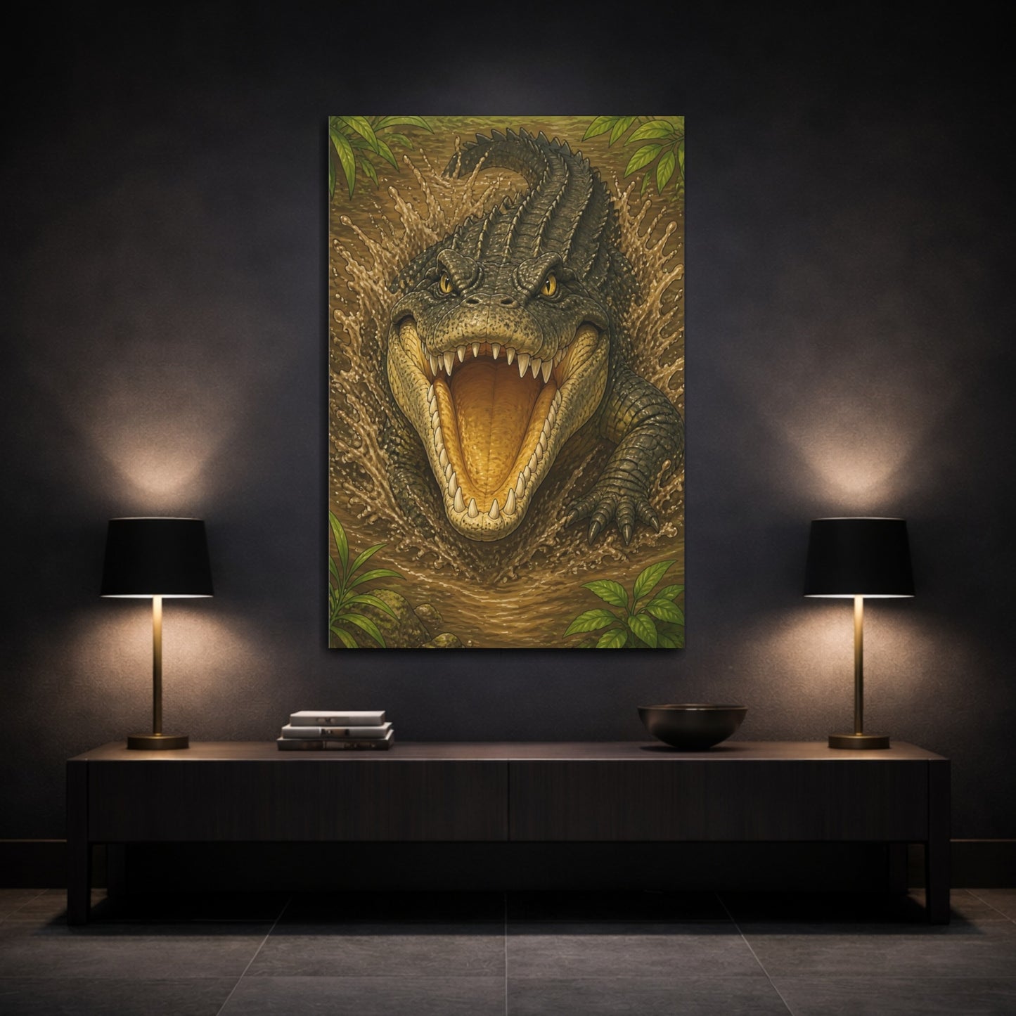 Mockup 3. Animals Lunging Crocodile Illustration shown as canvas print