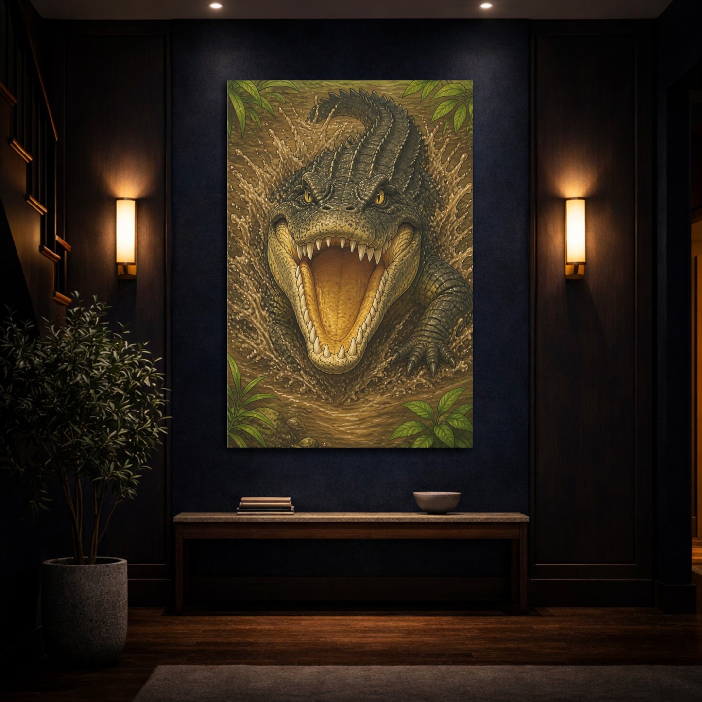 Mockup 4. Animals Lunging Crocodile Illustration shown as canvas print