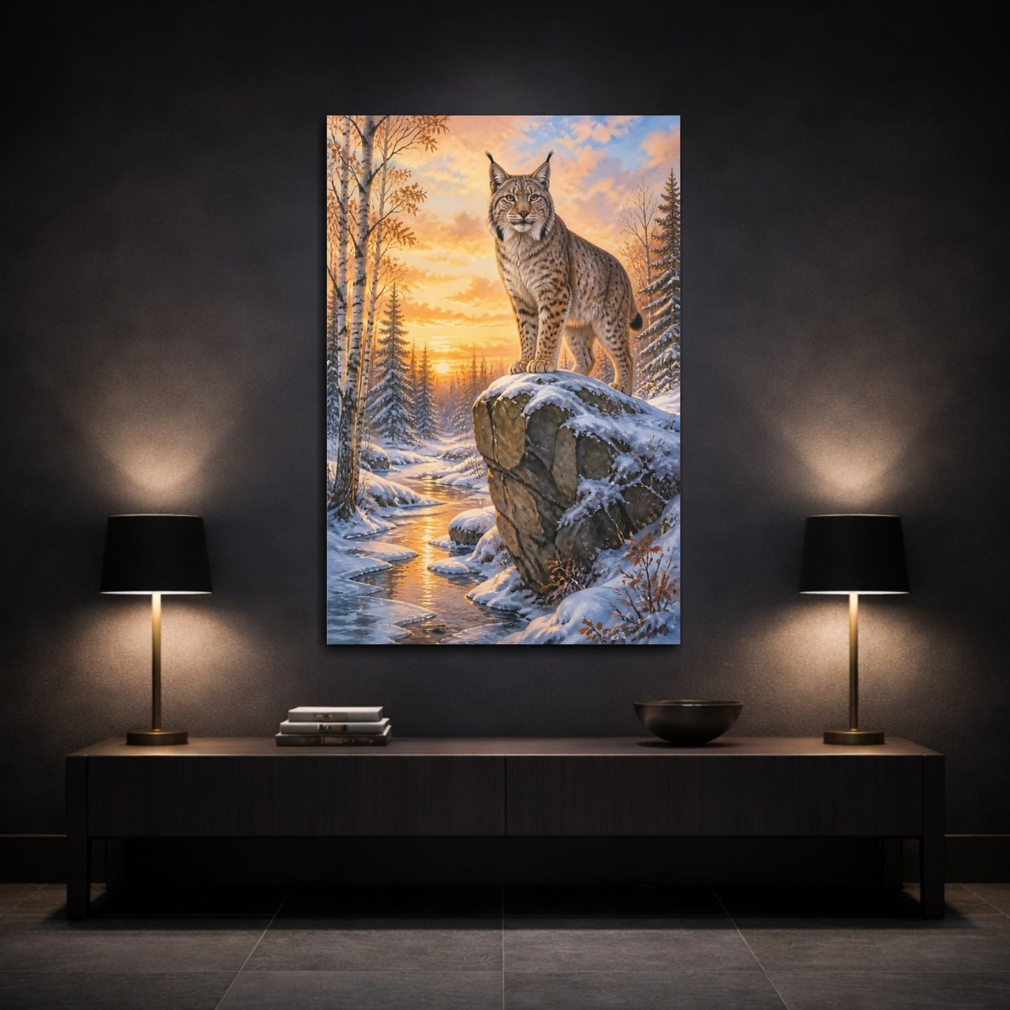 Mockup 3. Animals Lynx At Golden Sunset shown as canvas print