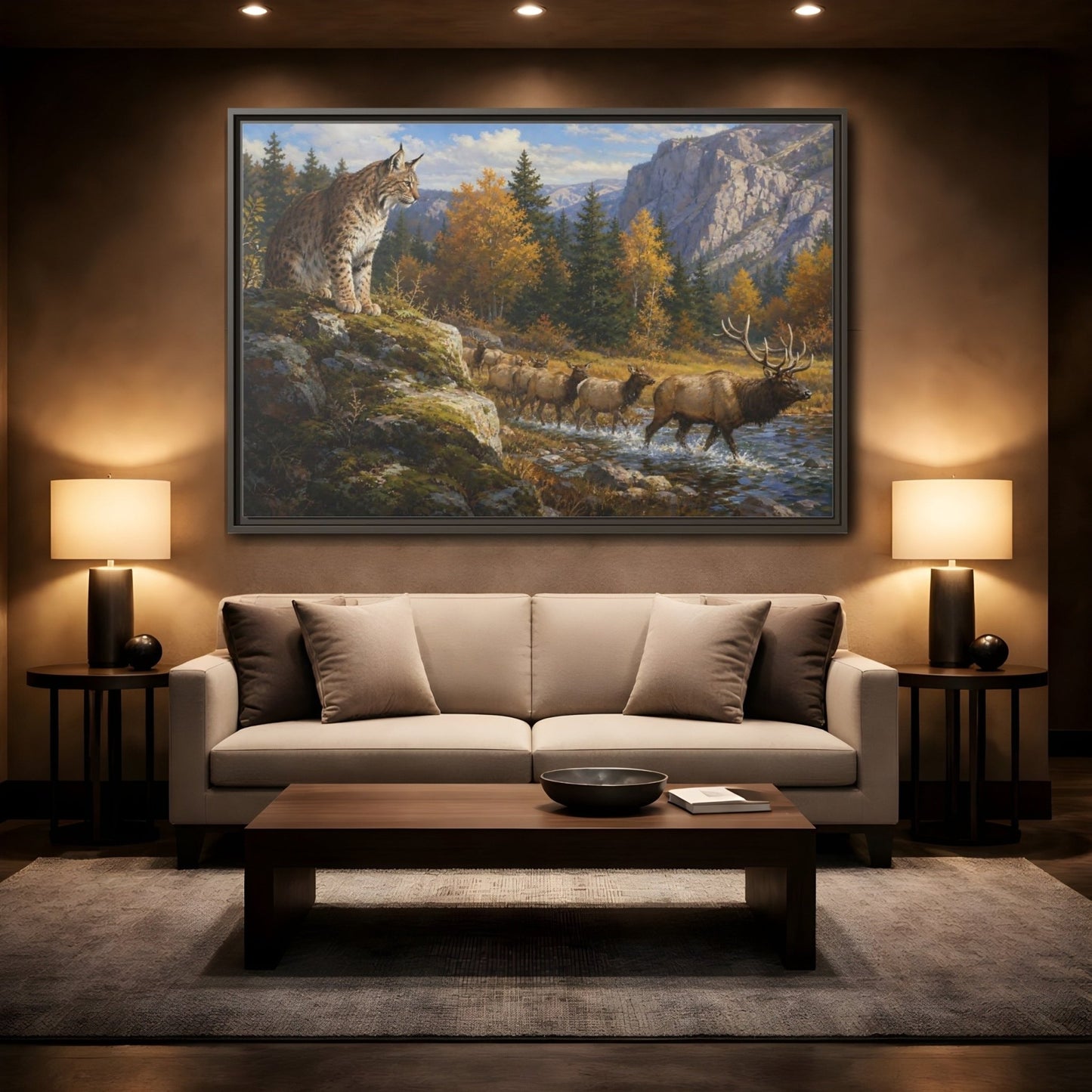 Animals Lynx Elk Autumn Wildlife Framed Canvas Wall Art Print – Realistic Living Room, Above Console Table - YesArtYes