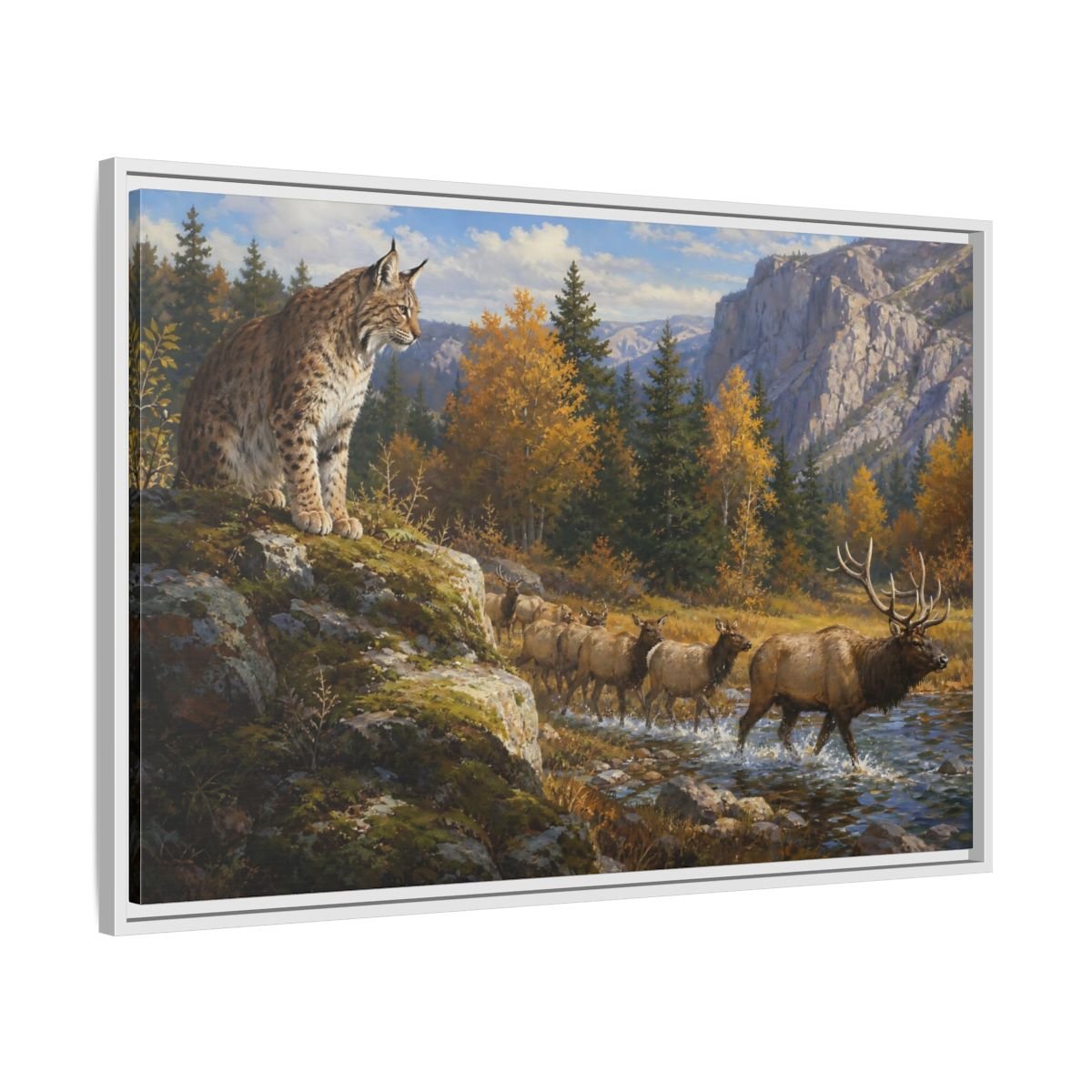 Animals Lynx Elk Autumn Wildlife Framed Canvas Wall Art Print – Realistic Living Room, Above Console Table - YesArtYes