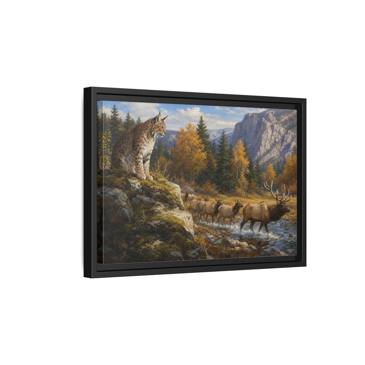 Animals Lynx Elk Autumn Wildlife Framed Canvas Wall Art Print – Realistic Living Room, Above Console Table - YesArtYes