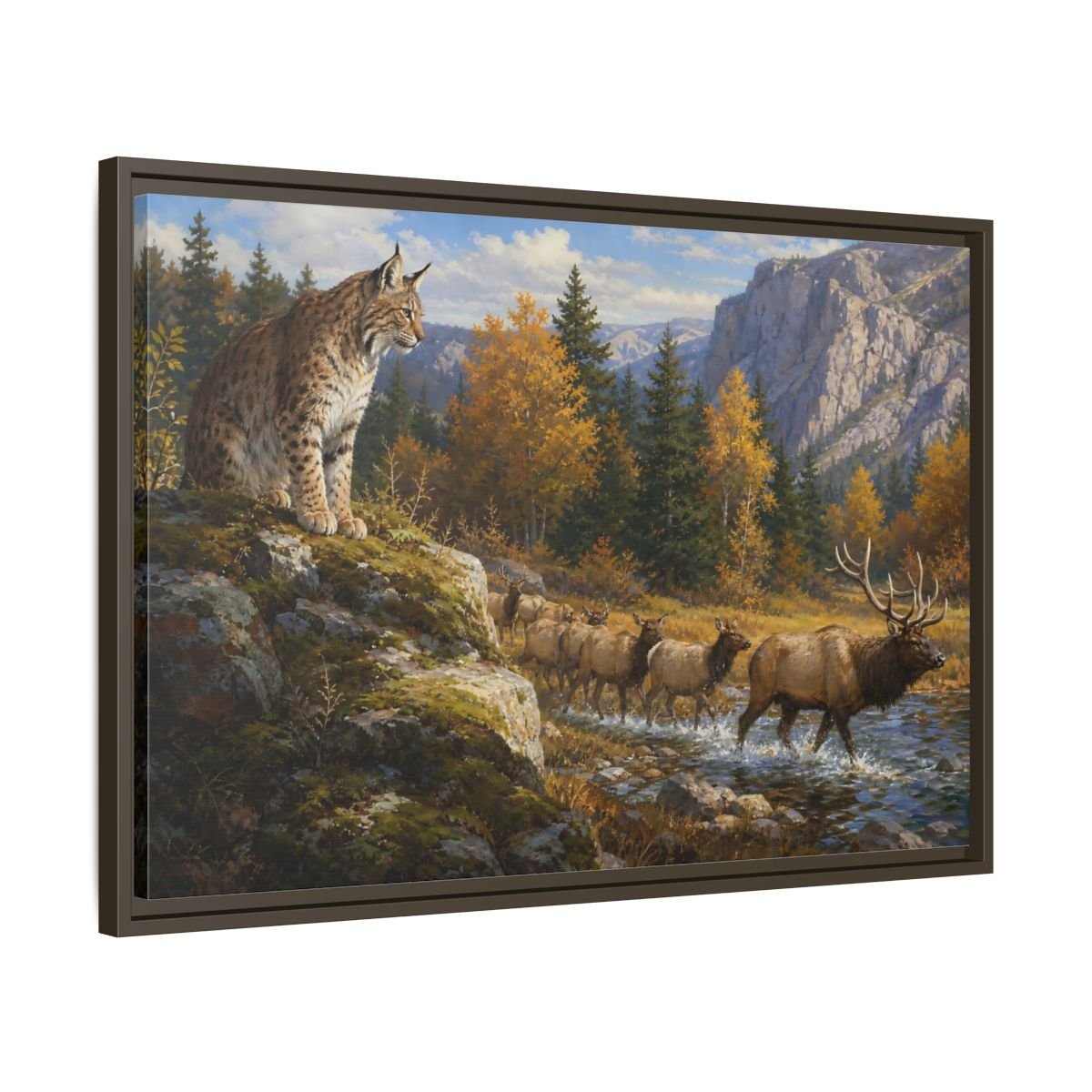 Animals Lynx Elk Autumn Wildlife Framed Canvas Wall Art Print – Realistic Living Room, Above Console Table - YesArtYes