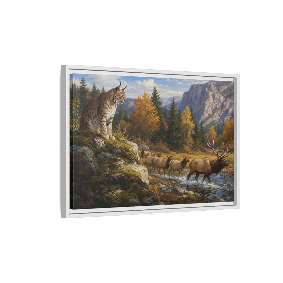 Animals Lynx Elk Autumn Wildlife Framed Canvas Wall Art Print – Realistic Living Room, Above Console Table - YesArtYes