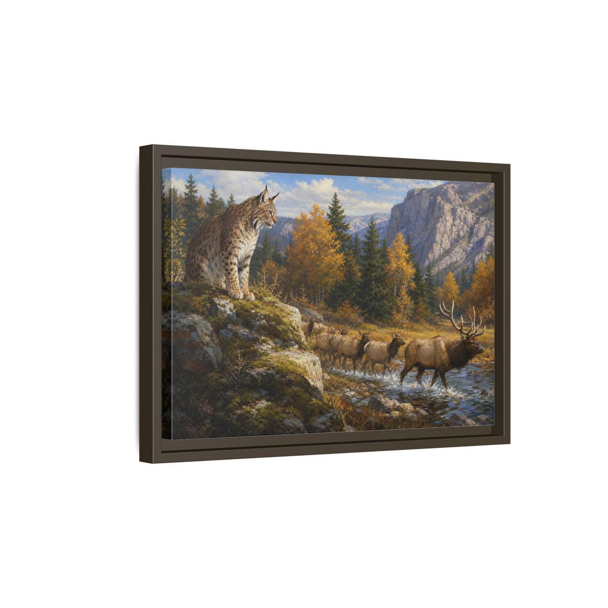 Side Mockup 5. Animals Lynx, Elk Autumn Wildlife shown as stretched canvas wall art