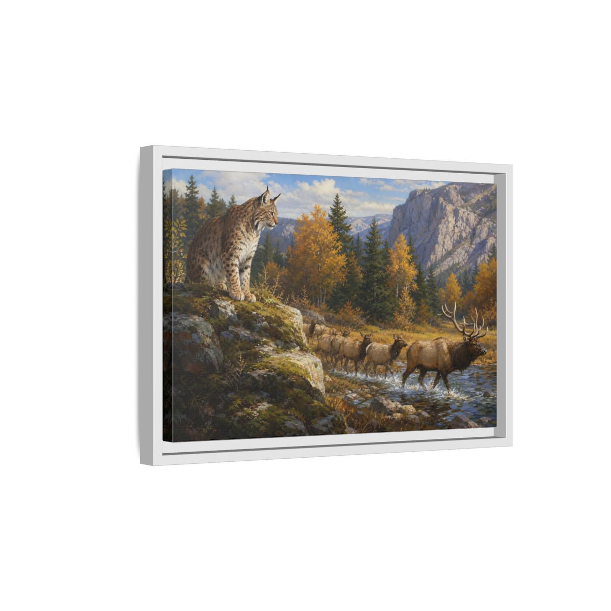 Side Mockup 4. Animals Lynx, Elk Autumn Wildlife shown as stretched canvas wall art