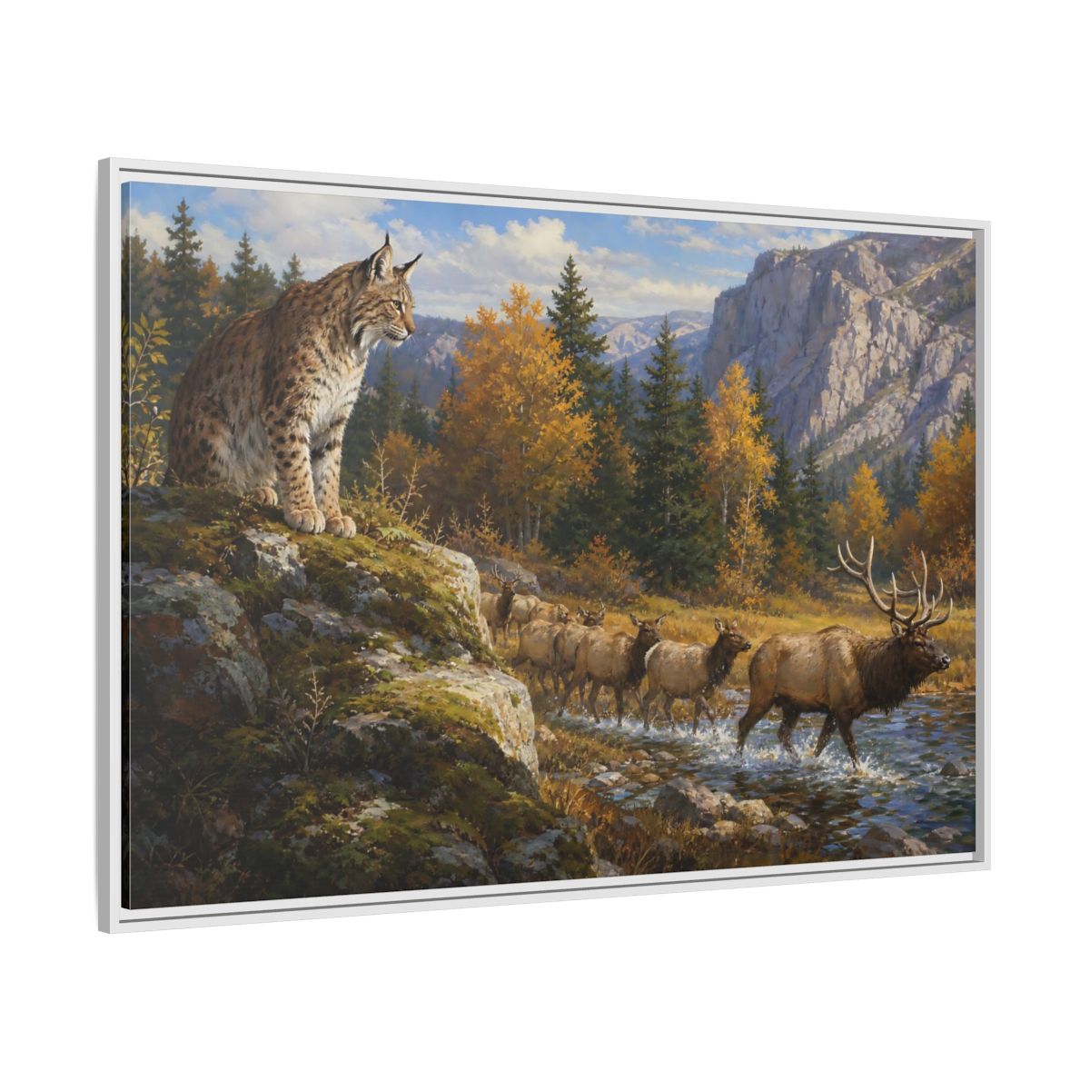 Side Mockup 7. Animals Lynx, Elk Autumn Wildlife shown as stretched canvas wall art