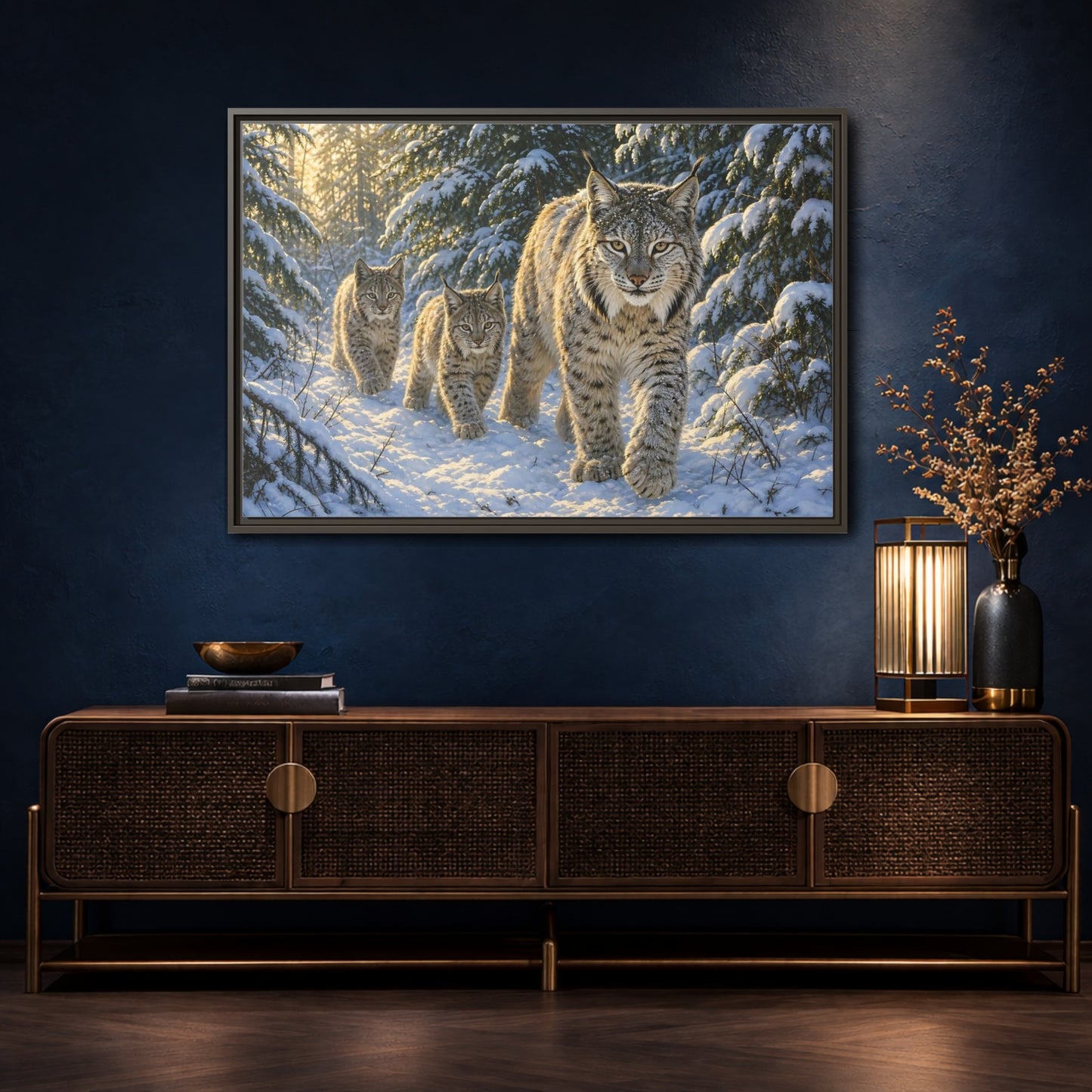 Mockup 4. Animals Lynx Snowy Lynx shown as stretched canvas wall art