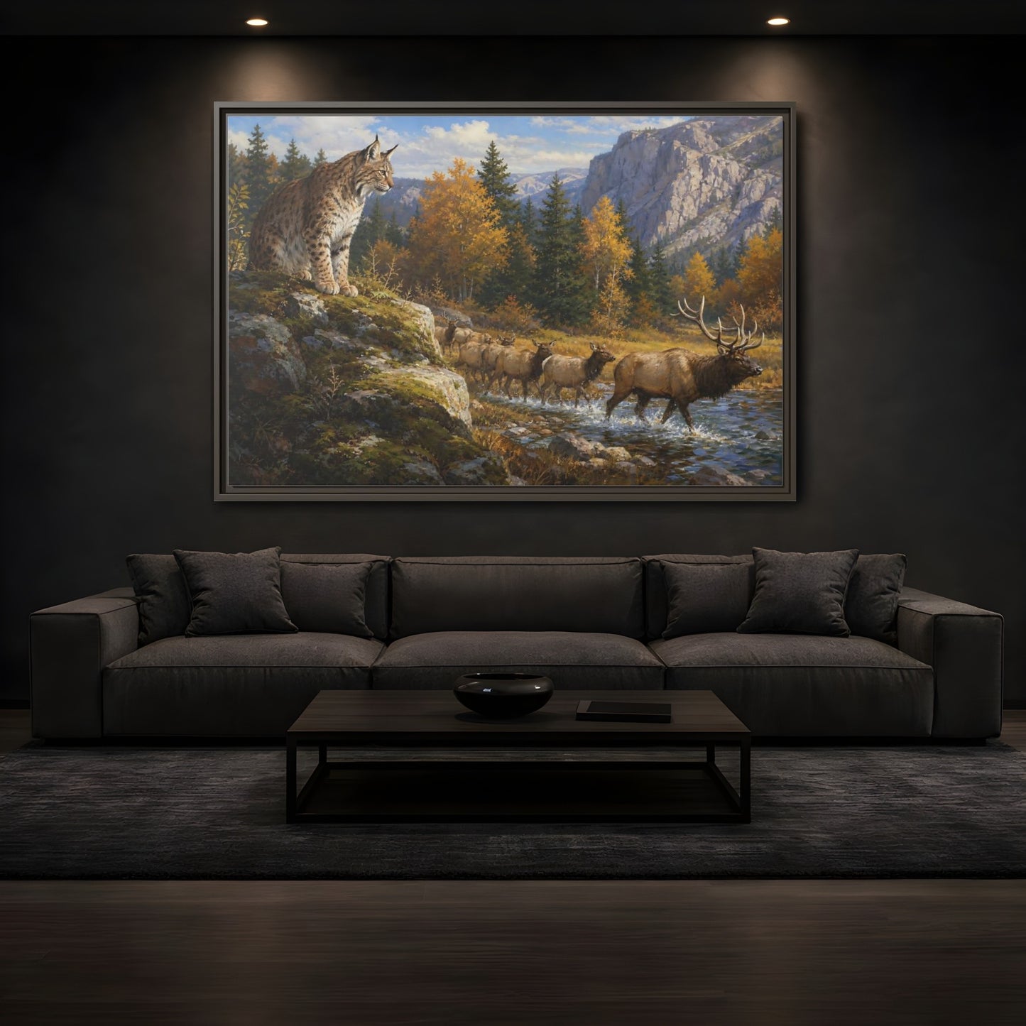 Mockup 3. Animals Lynx, Elk Autumn Wildlife shown as stretched canvas wall art