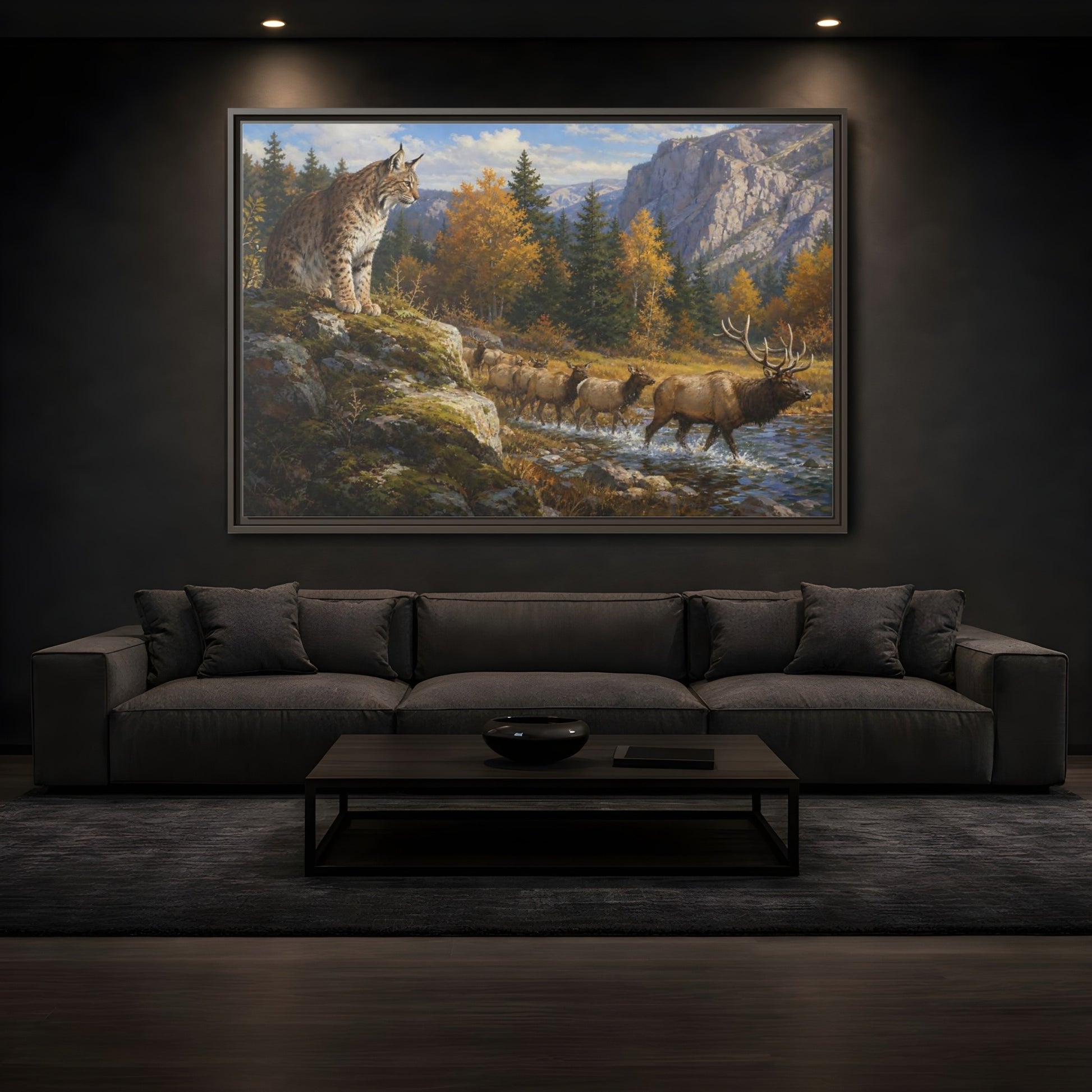 Mockup 3. Animals Lynx, Elk Autumn Wildlife shown as stretched canvas wall art