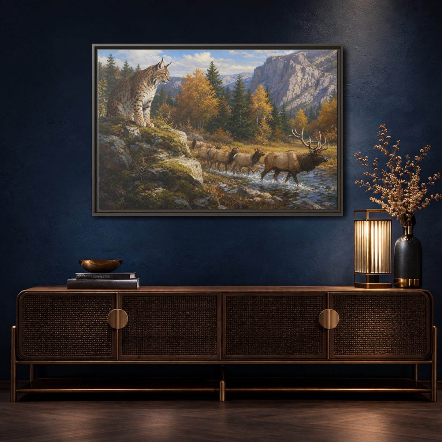 Mockup 4. Animals Lynx, Elk Autumn Wildlife shown as stretched canvas wall art