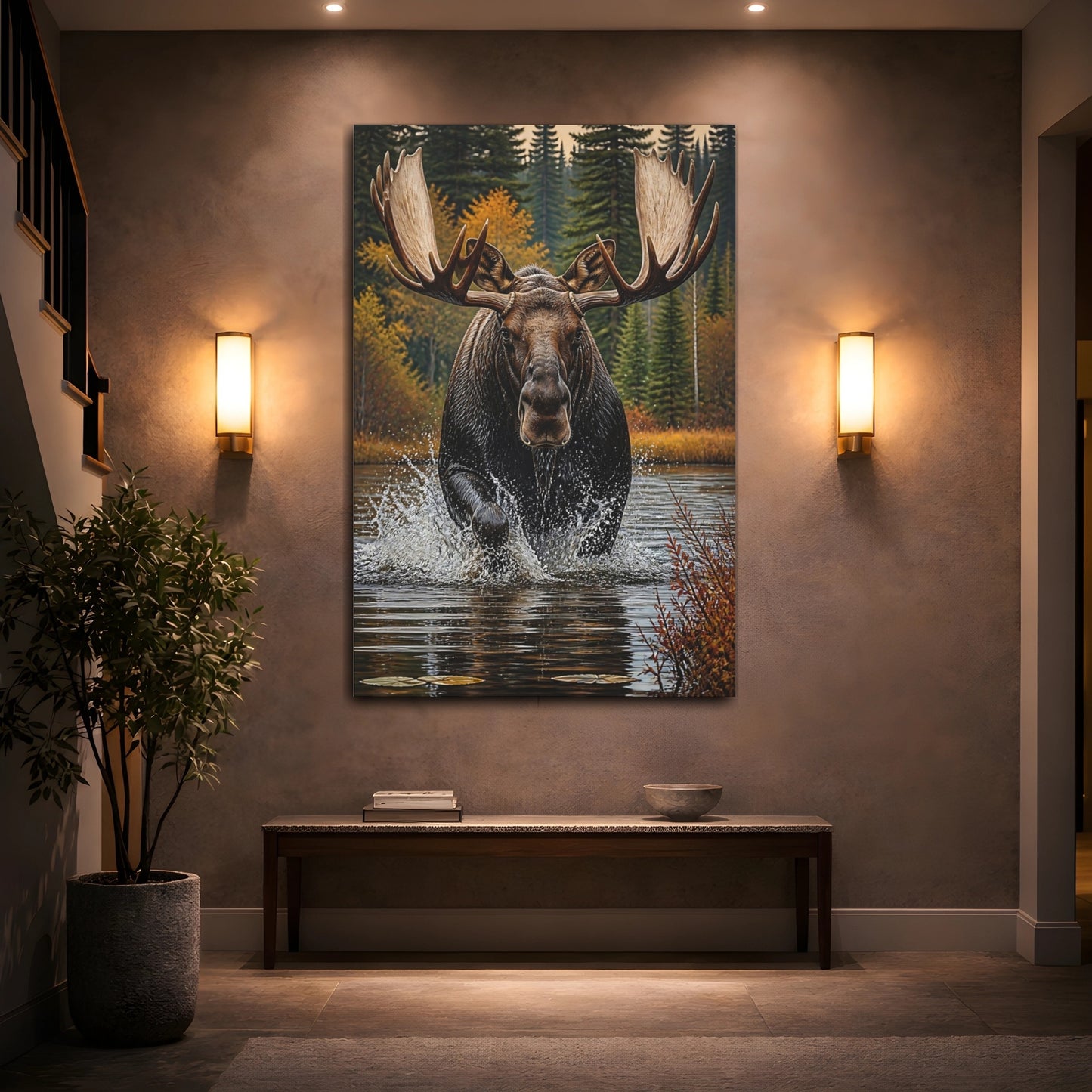 Mockup 2. Animals Majestic Bull Moose Splash shown as canvas print