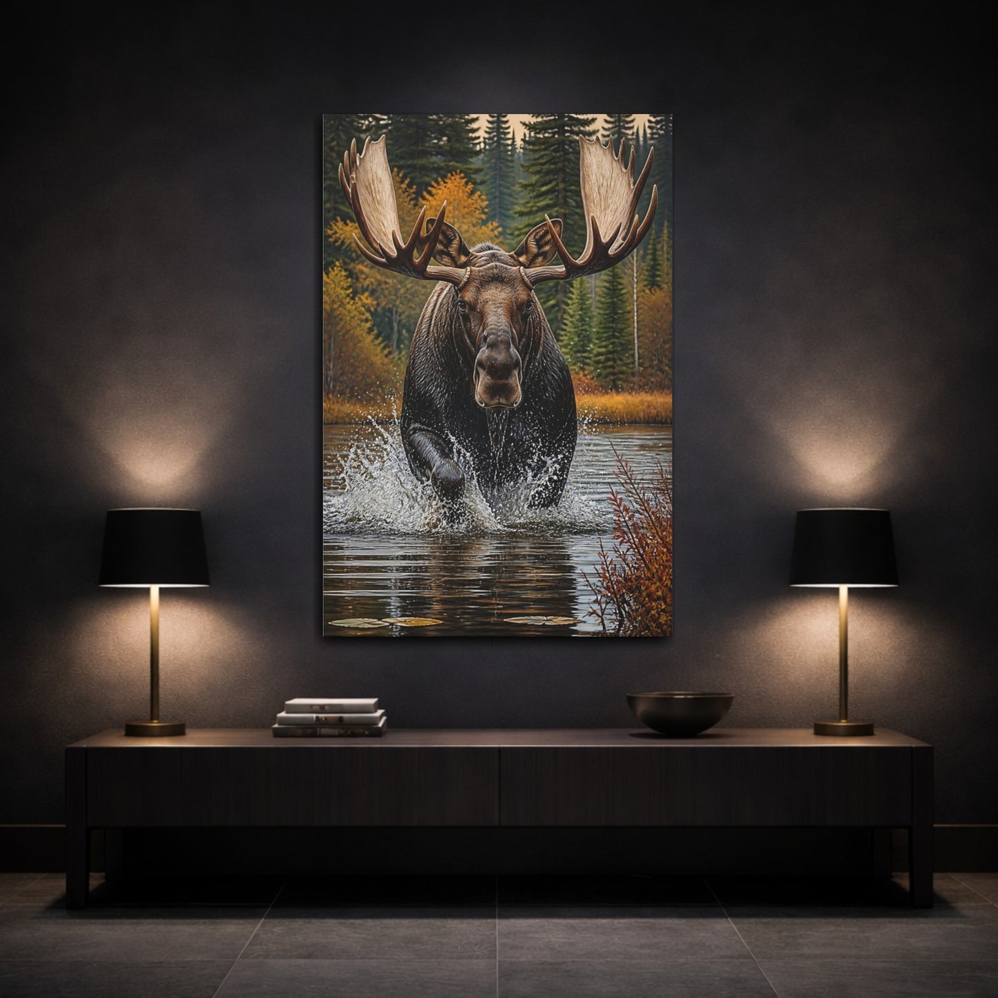 Mockup 3. Animals Majestic Bull Moose Splash shown as canvas print