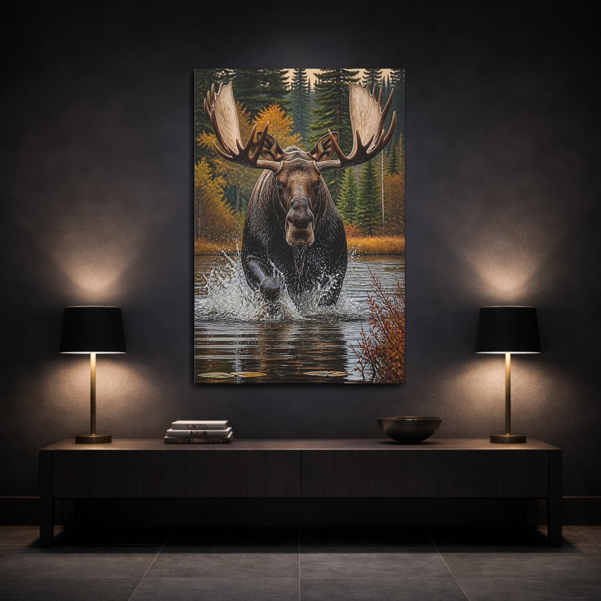 Mockup 3. Animals Majestic Bull Moose Splash shown as canvas print