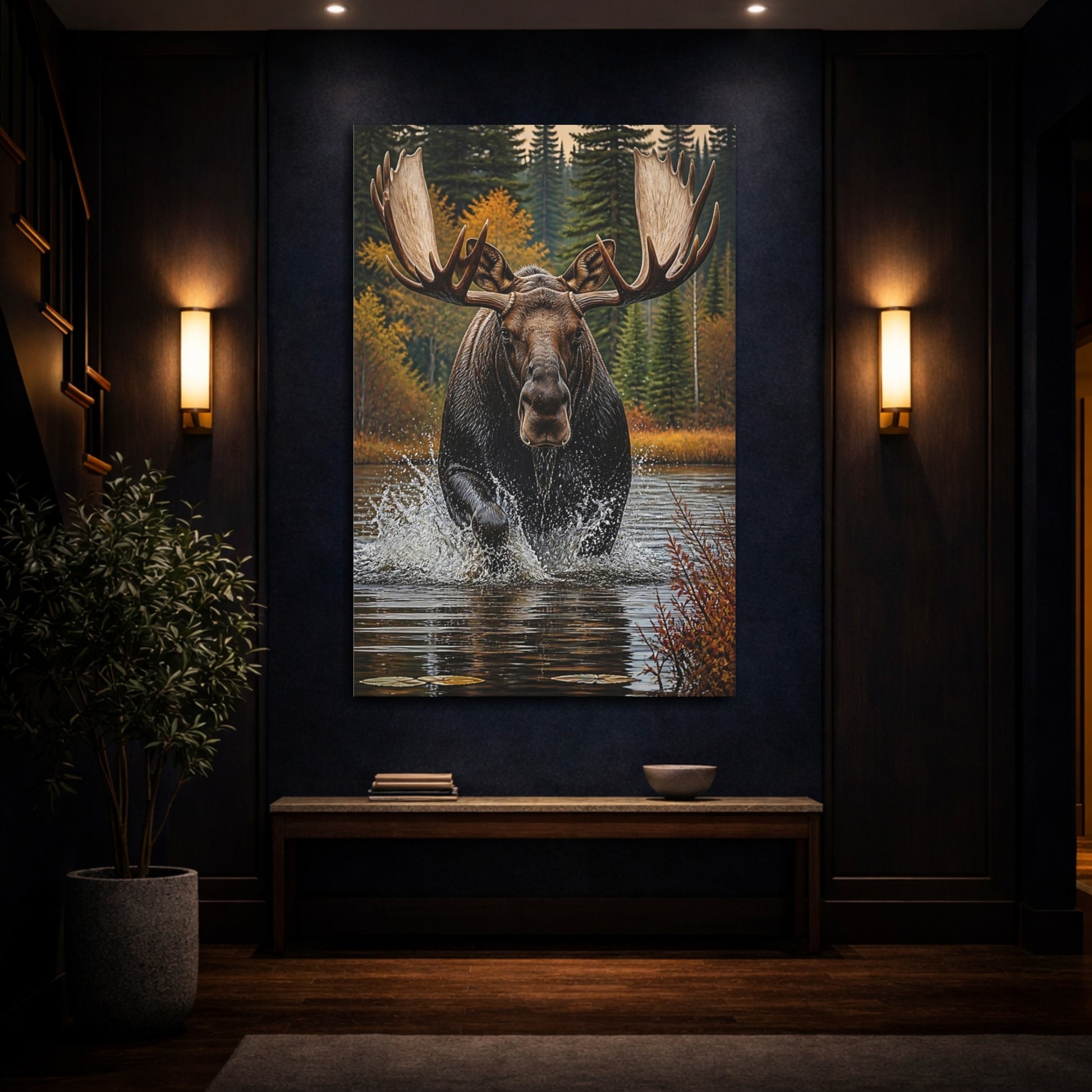 Mockup 4. Animals Majestic Bull Moose Splash shown as canvas print