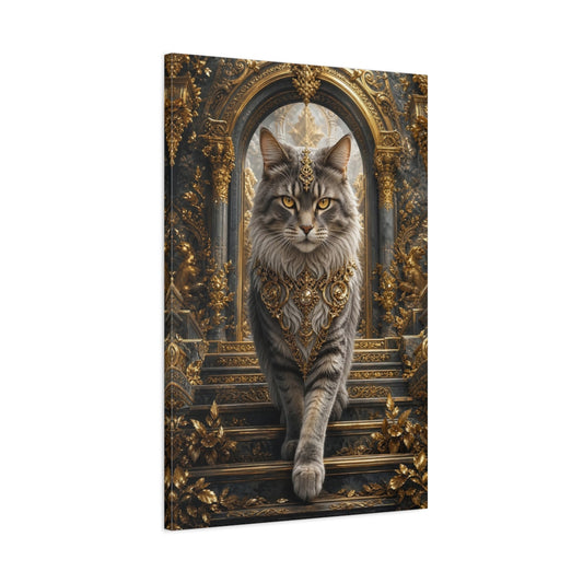 Main Mockup. Animals Majestic Cat Gray And Gold shown as stretched canvas wall art