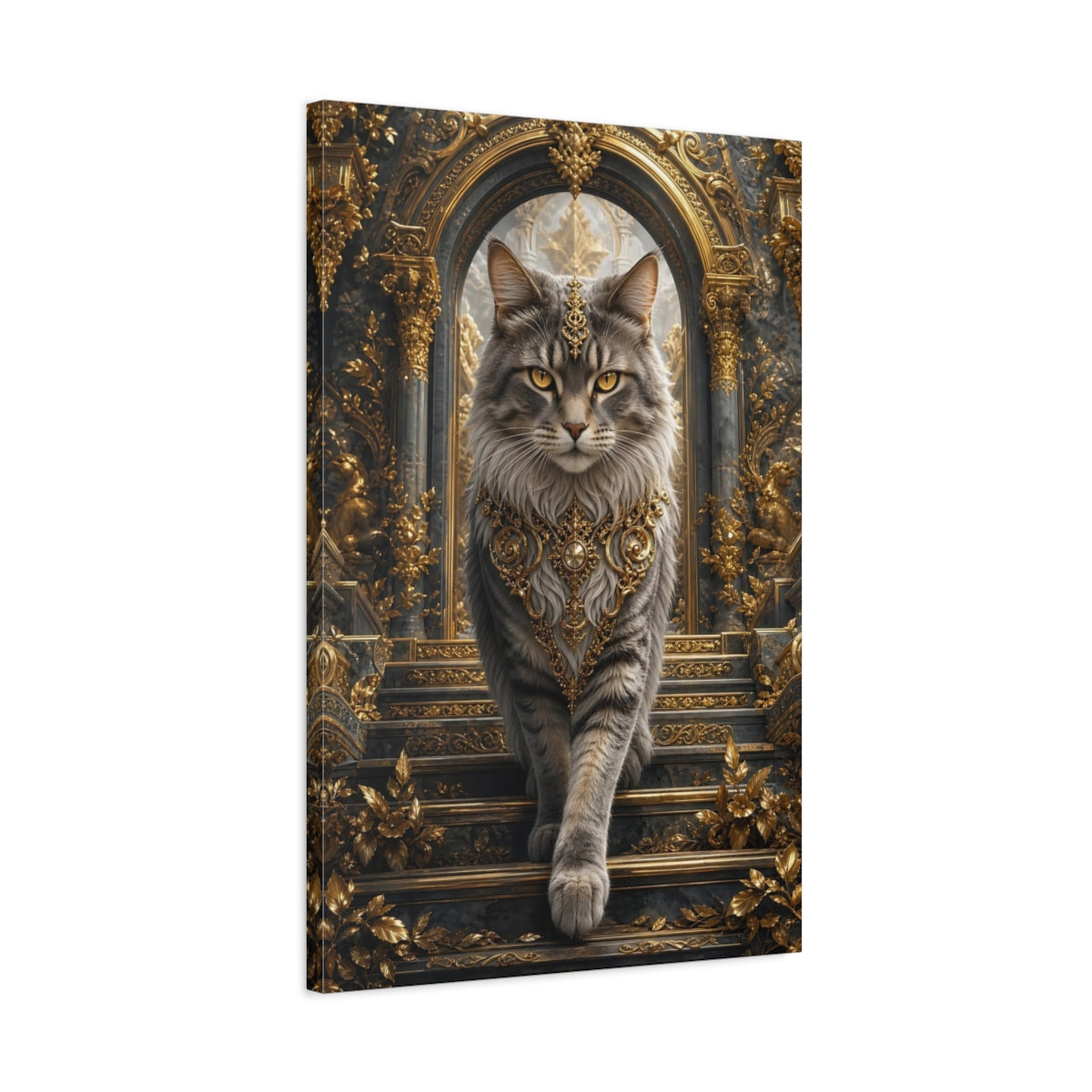 Side Mockup 2. Animals Majestic Cat Gray And Gold shown as stretched canvas wall art